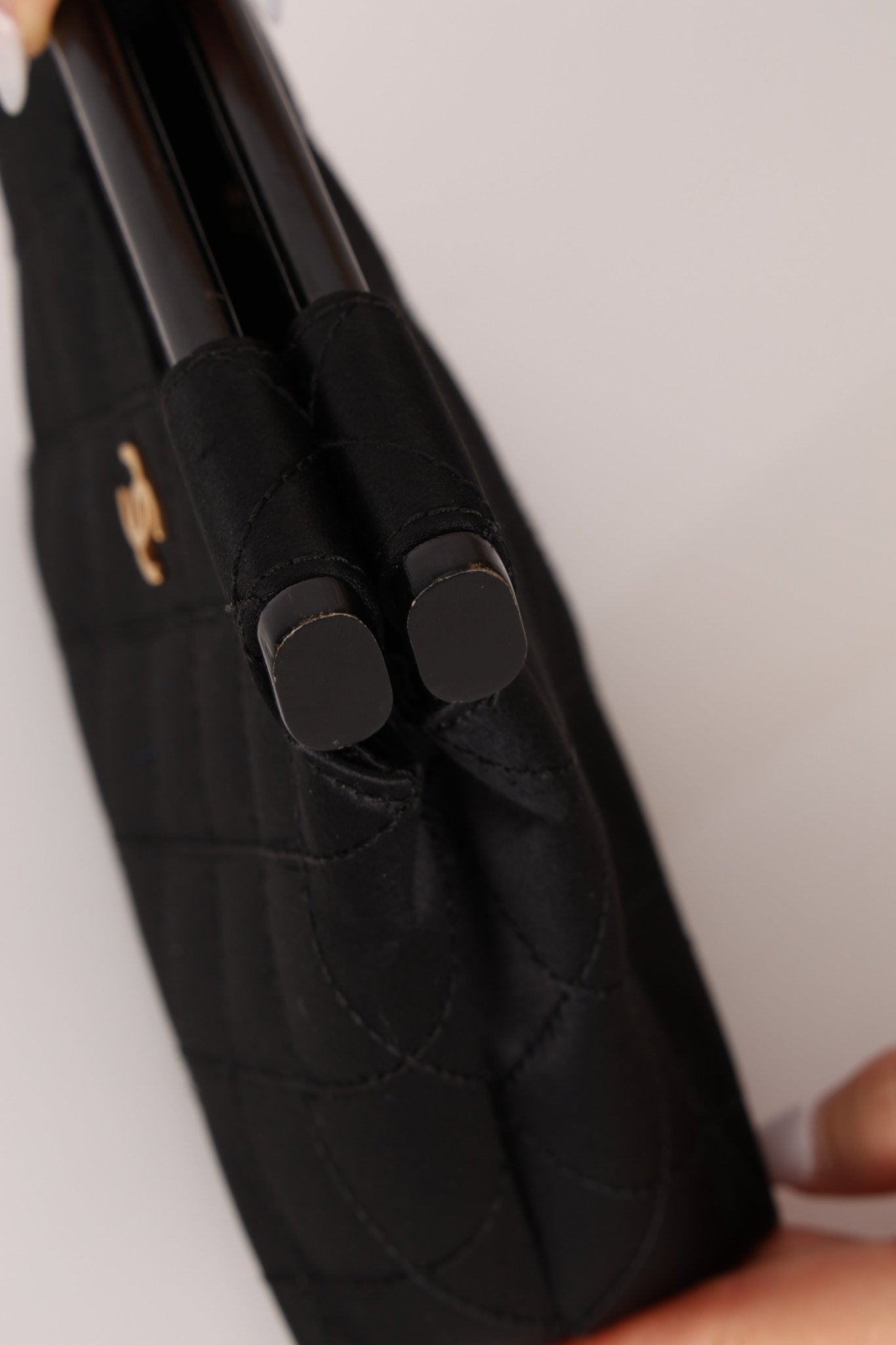 Rare Chanel 2004 Wood Handle Black Satin Mini Tote - FashioNica