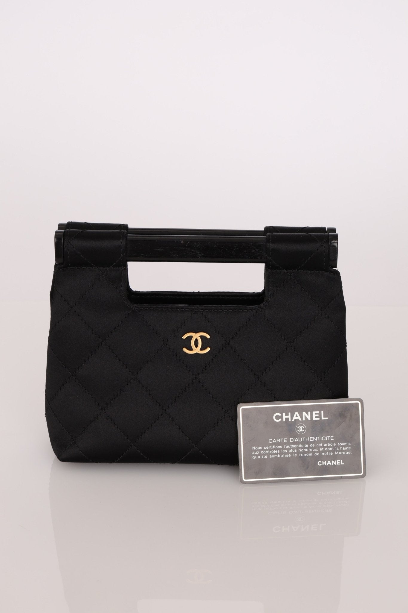 Rare Chanel 2004 Wood Handle Black Satin Mini Tote - FashioNica