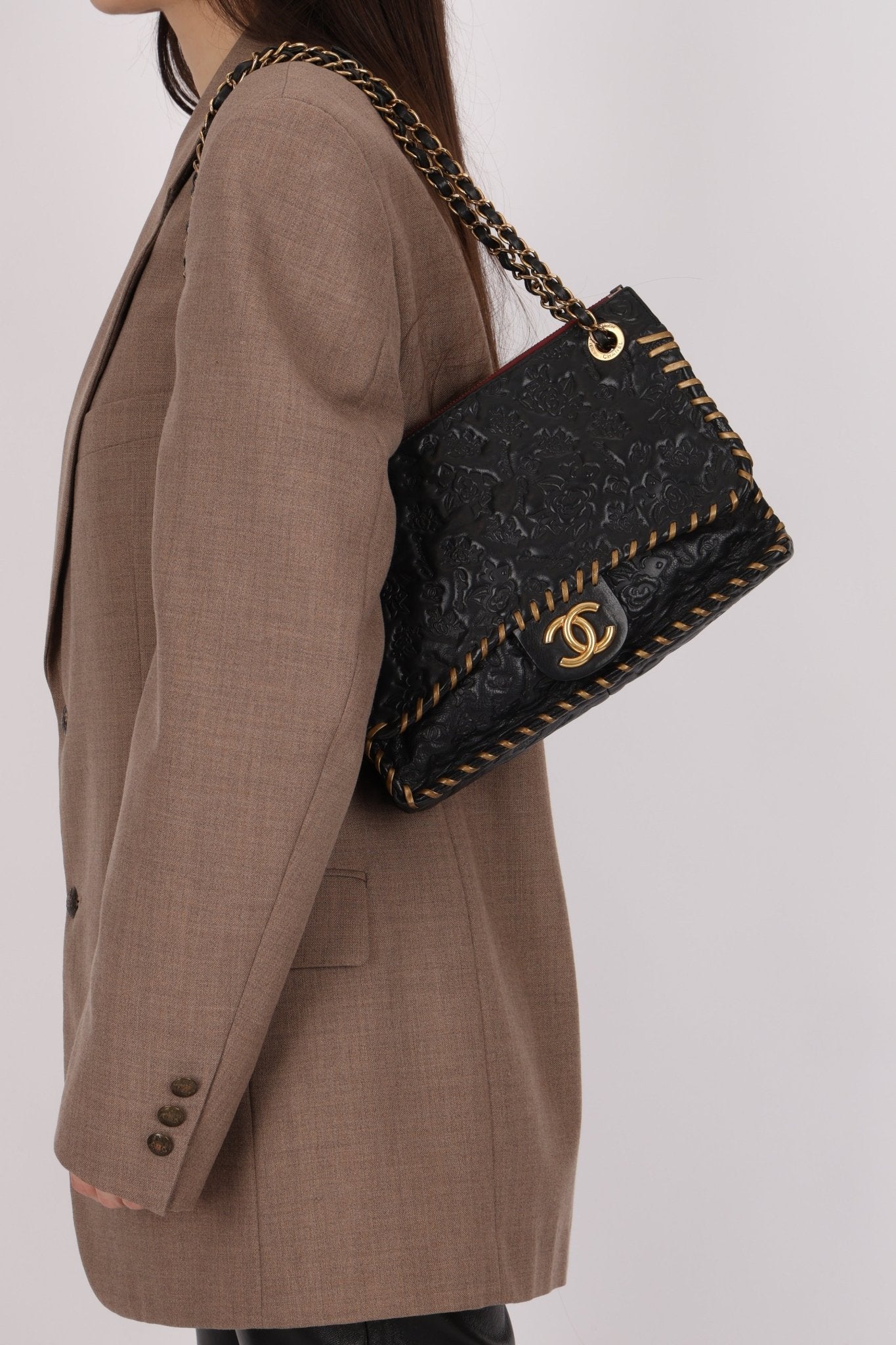 Rare Chanel 2011 Camellia Calfskin Embossed Whipstitch Shoulder Bag - FashioNica