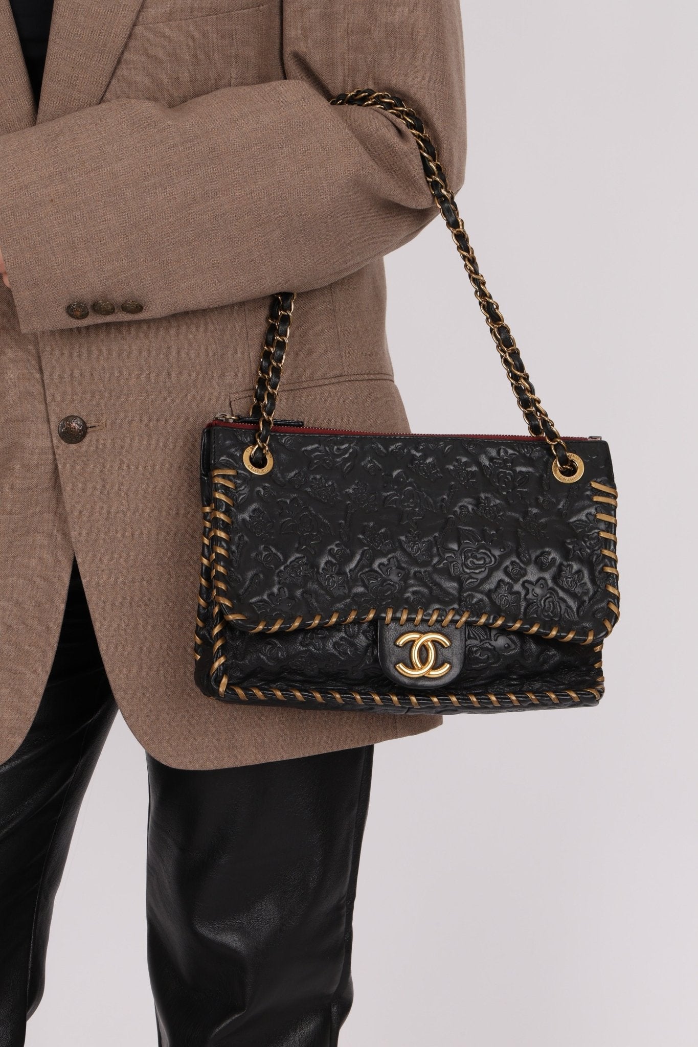 Rare Chanel 2011 Camellia Calfskin Embossed Whipstitch Shoulder Bag - FashioNica