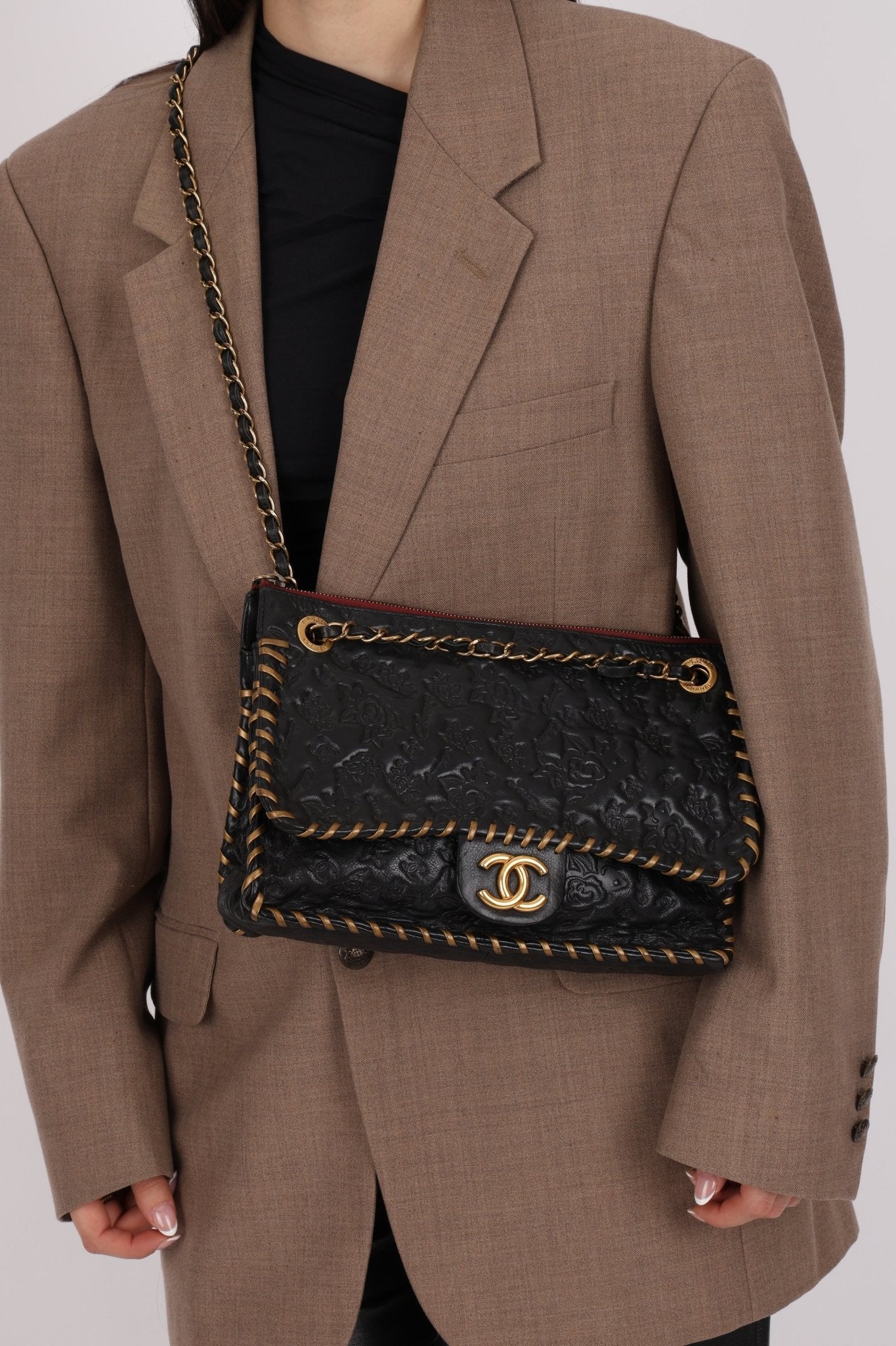 Rare Chanel 2011 Camellia Calfskin Embossed Whipstitch Shoulder Bag - FashioNica