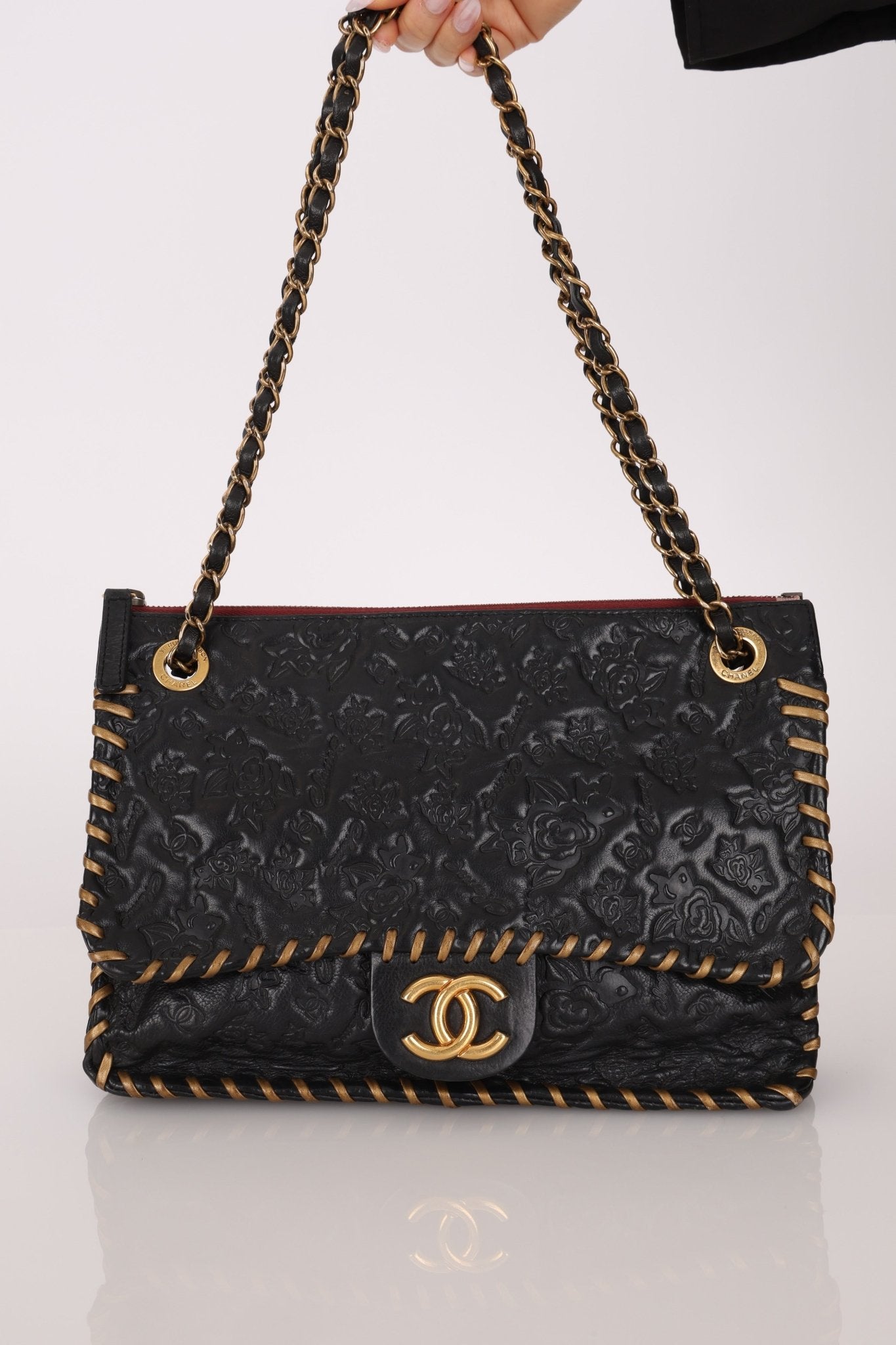 Rare Chanel 2011 Camellia Calfskin Embossed Whipstitch Shoulder Bag - FashioNica