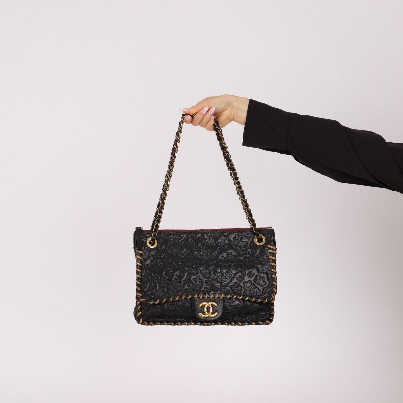 Rare Chanel 2011 Camellia Calfskin Embossed Whipstitch Shoulder Bag - FashioNica