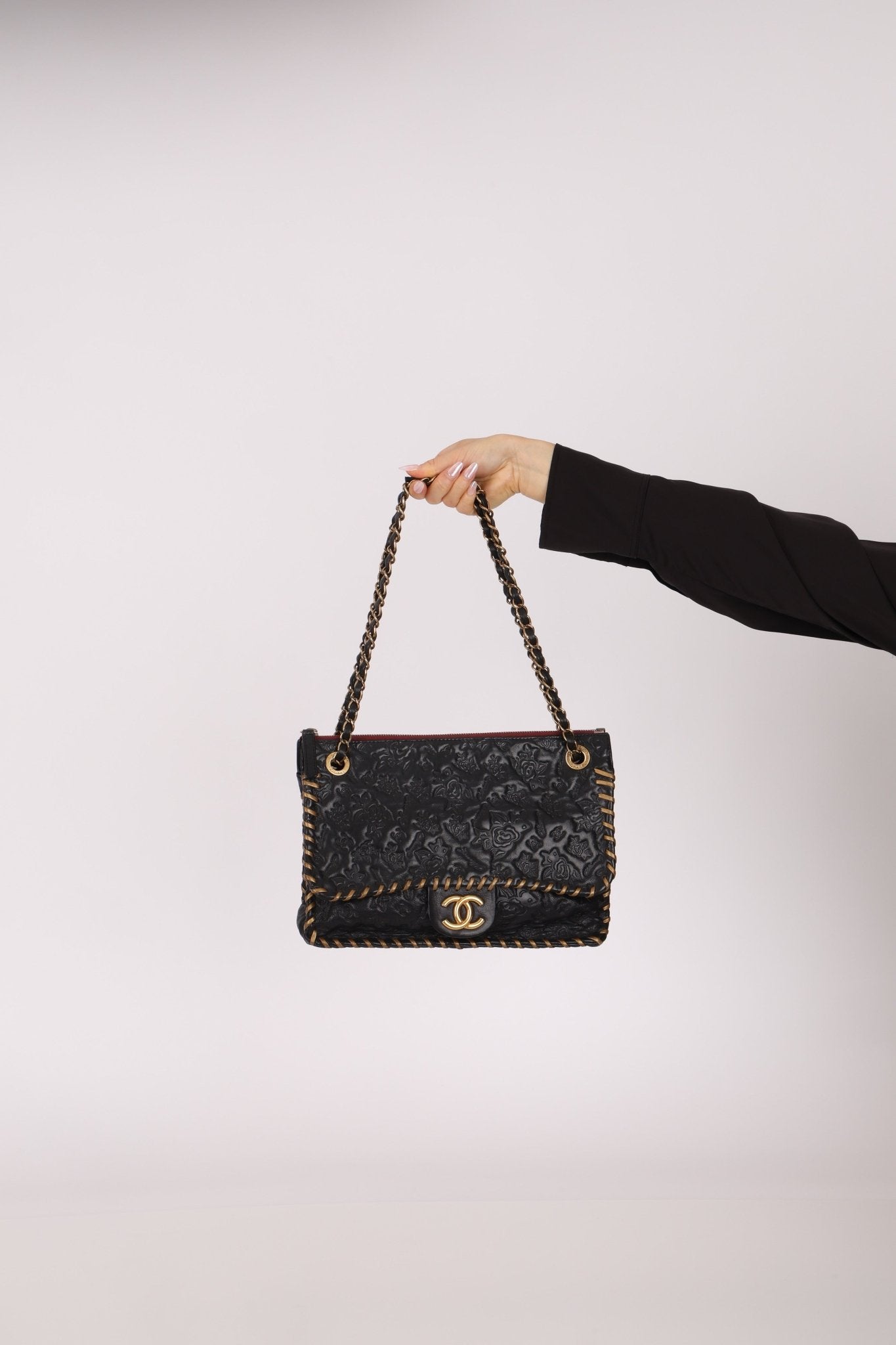 Rare Chanel 2011 Camellia Calfskin Embossed Whipstitch Shoulder Bag - FashioNica