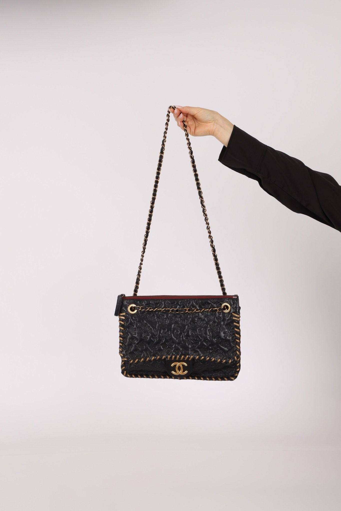 Rare Chanel 2011 Camellia Calfskin Embossed Whipstitch Shoulder Bag - FashioNica