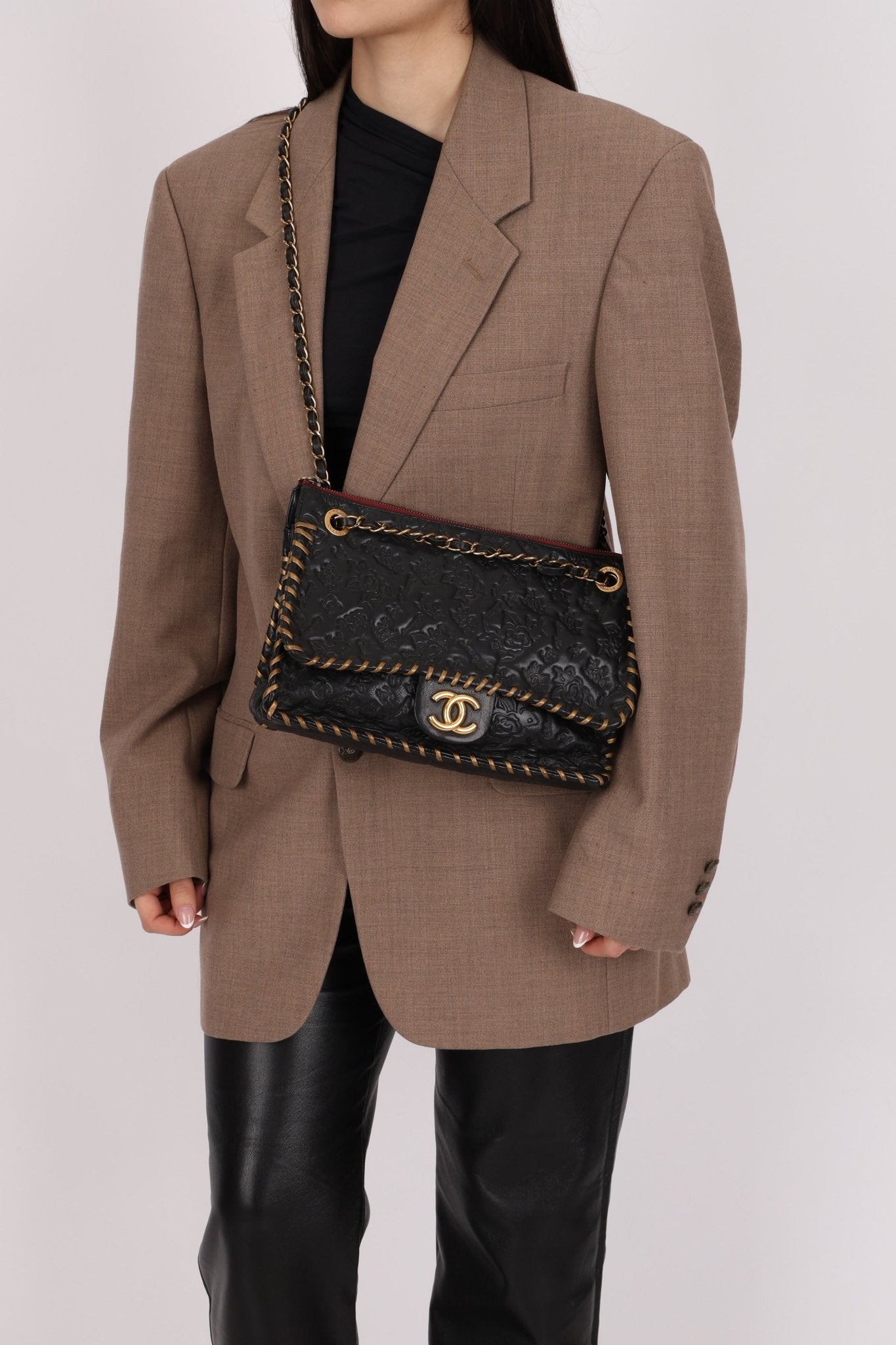 Rare Chanel 2011 Camellia Calfskin Embossed Whipstitch Shoulder Bag - FashioNica