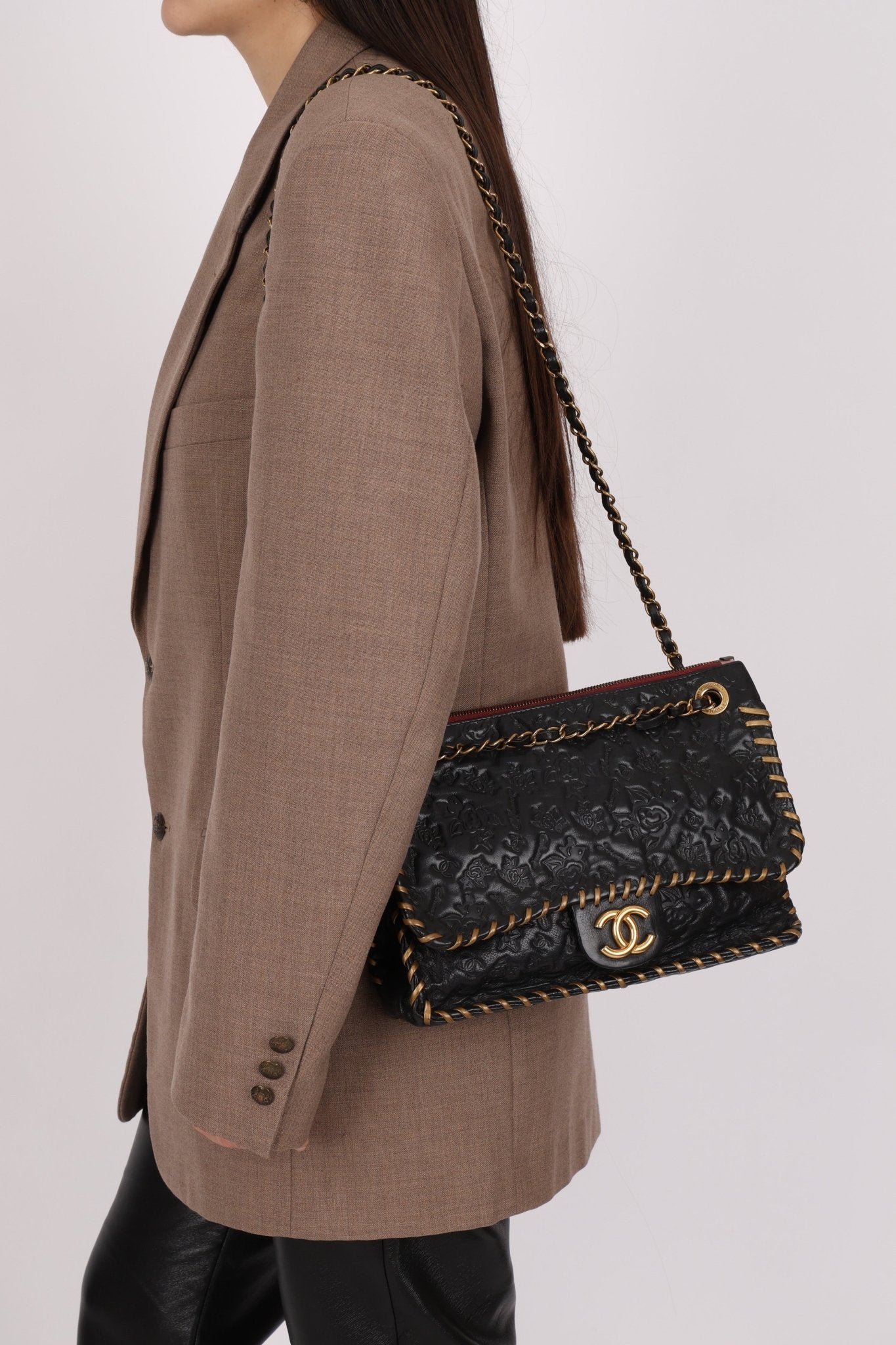 Rare Chanel 2011 Camellia Calfskin Embossed Whipstitch Shoulder Bag - FashioNica