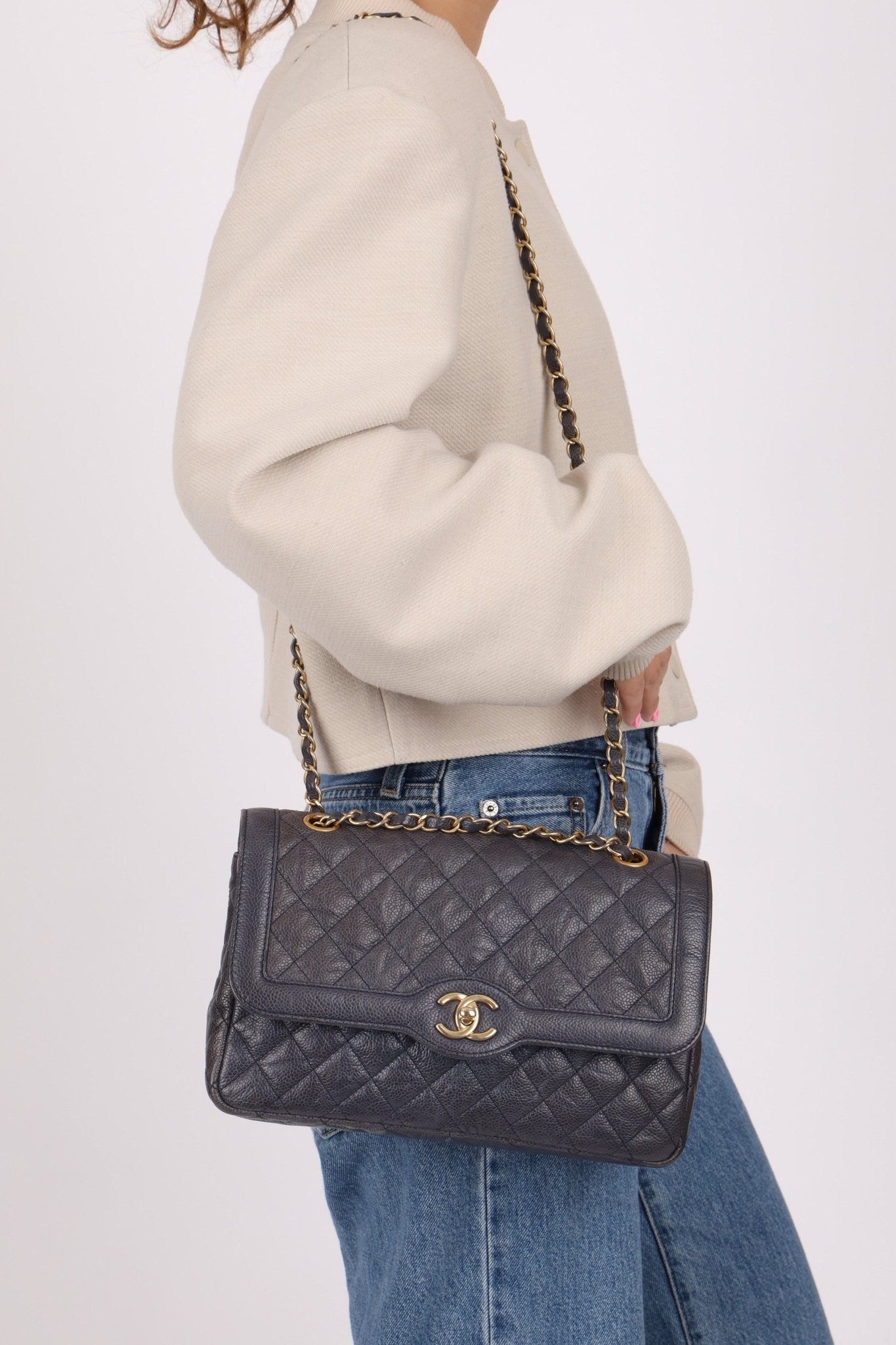 Rare Chanel 2015 Caviar Medium Navy Paris Flap Bag - FashioNica