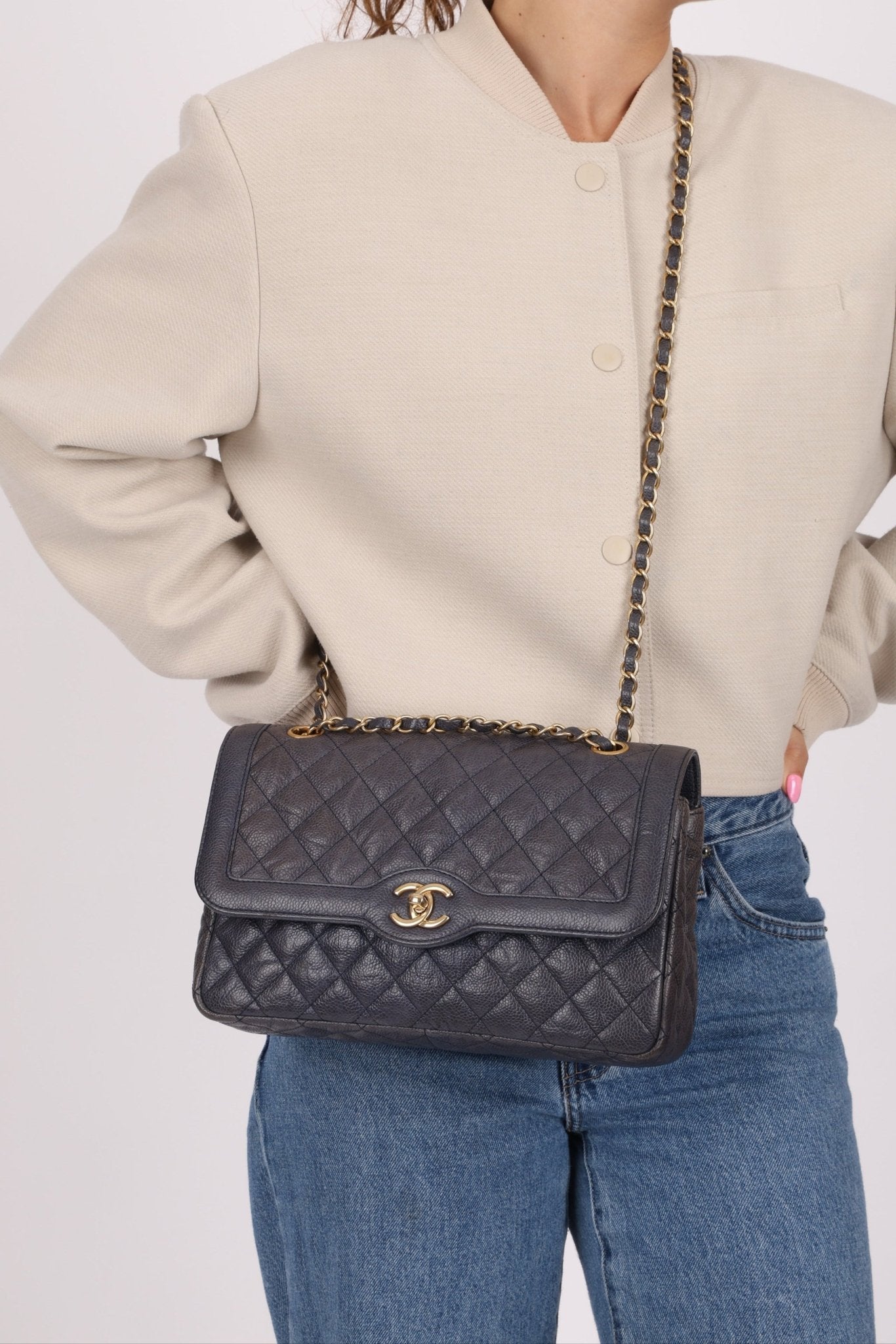 Rare Chanel 2015 Caviar Medium Navy Paris Flap Bag - FashioNica