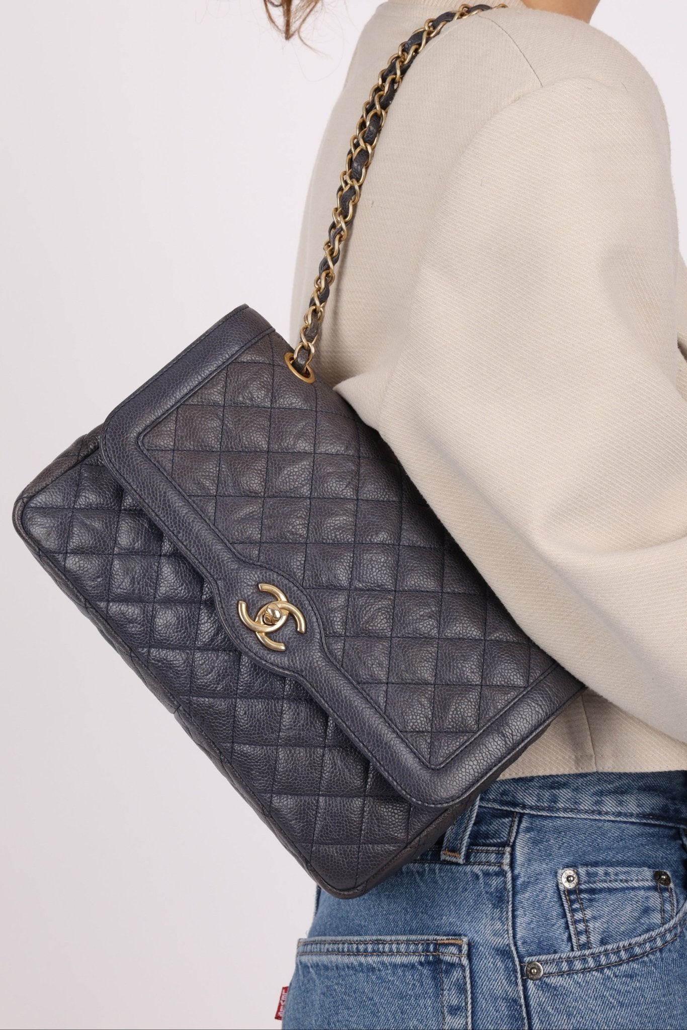 Rare Chanel 2015 Caviar Medium Navy Paris Flap Bag - FashioNica