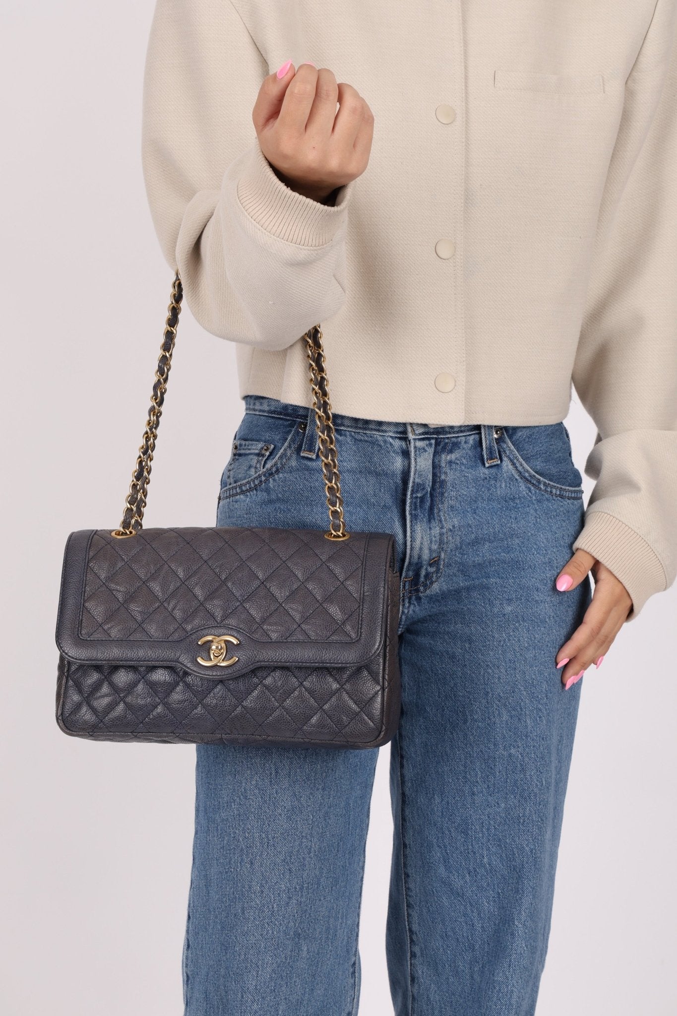 Rare Chanel 2015 Caviar Medium Navy Paris Flap Bag - FashioNica