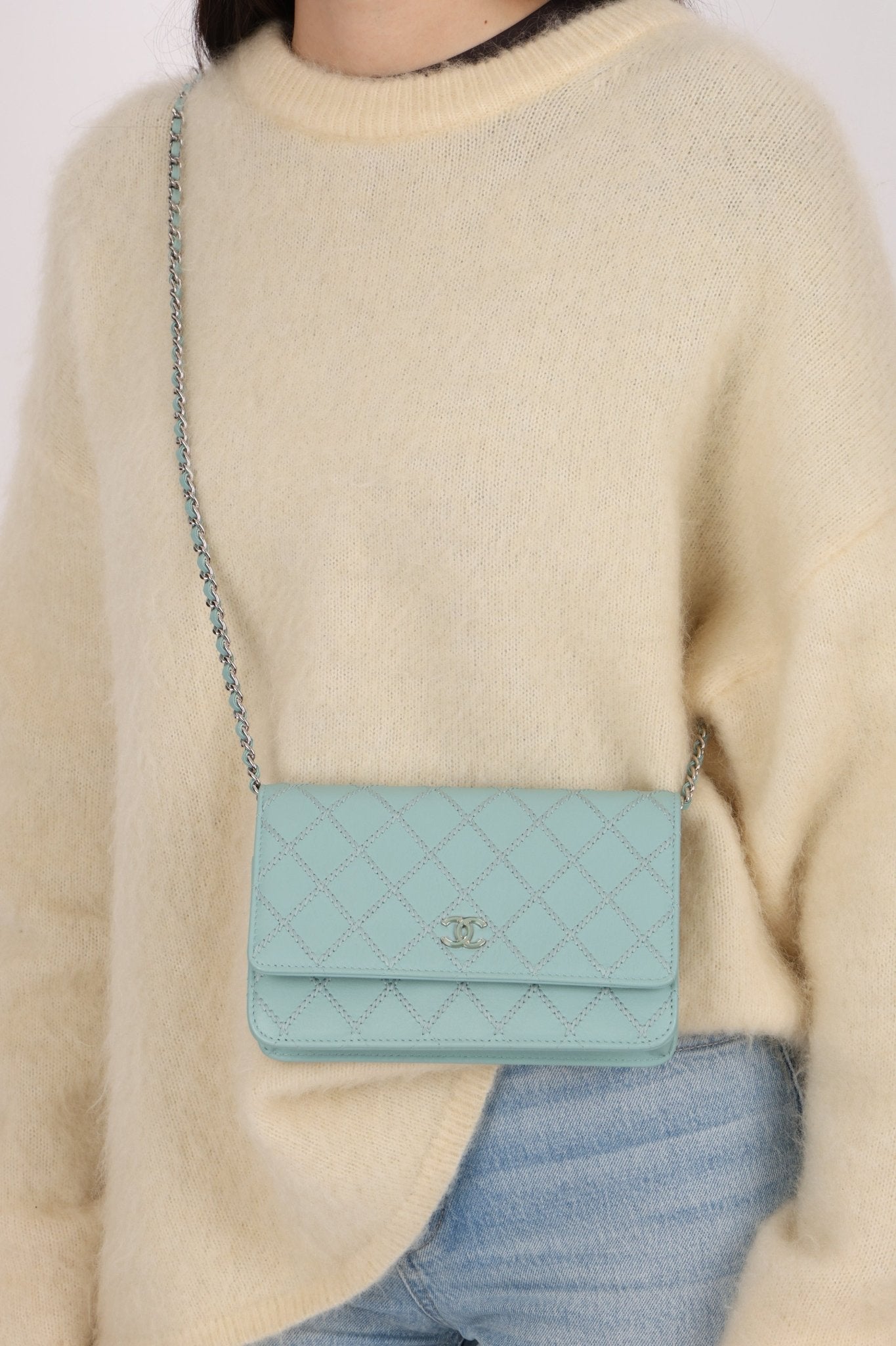 Rare Chanel 2020 Tiffany Blue Chain Stitched Wallet on Chain - FashioNica