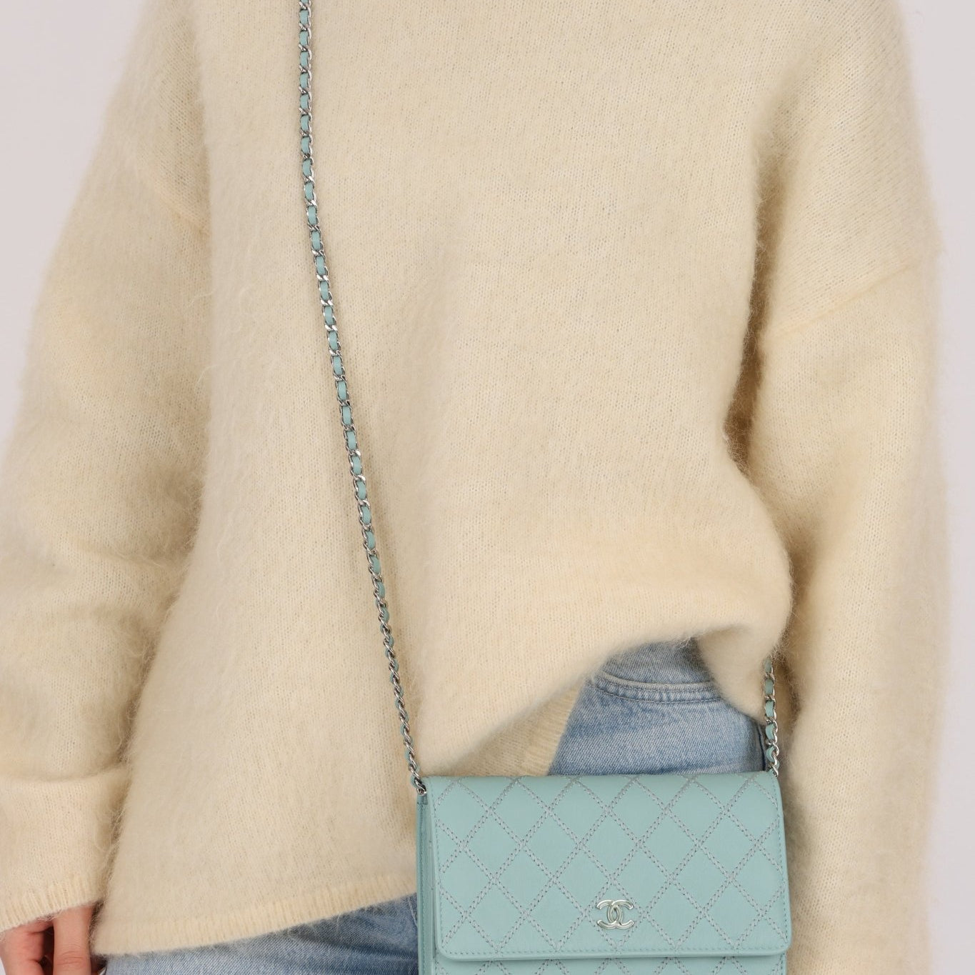 Rare Chanel 2020 Tiffany Blue Chain Stitched Wallet on Chain - FashioNica