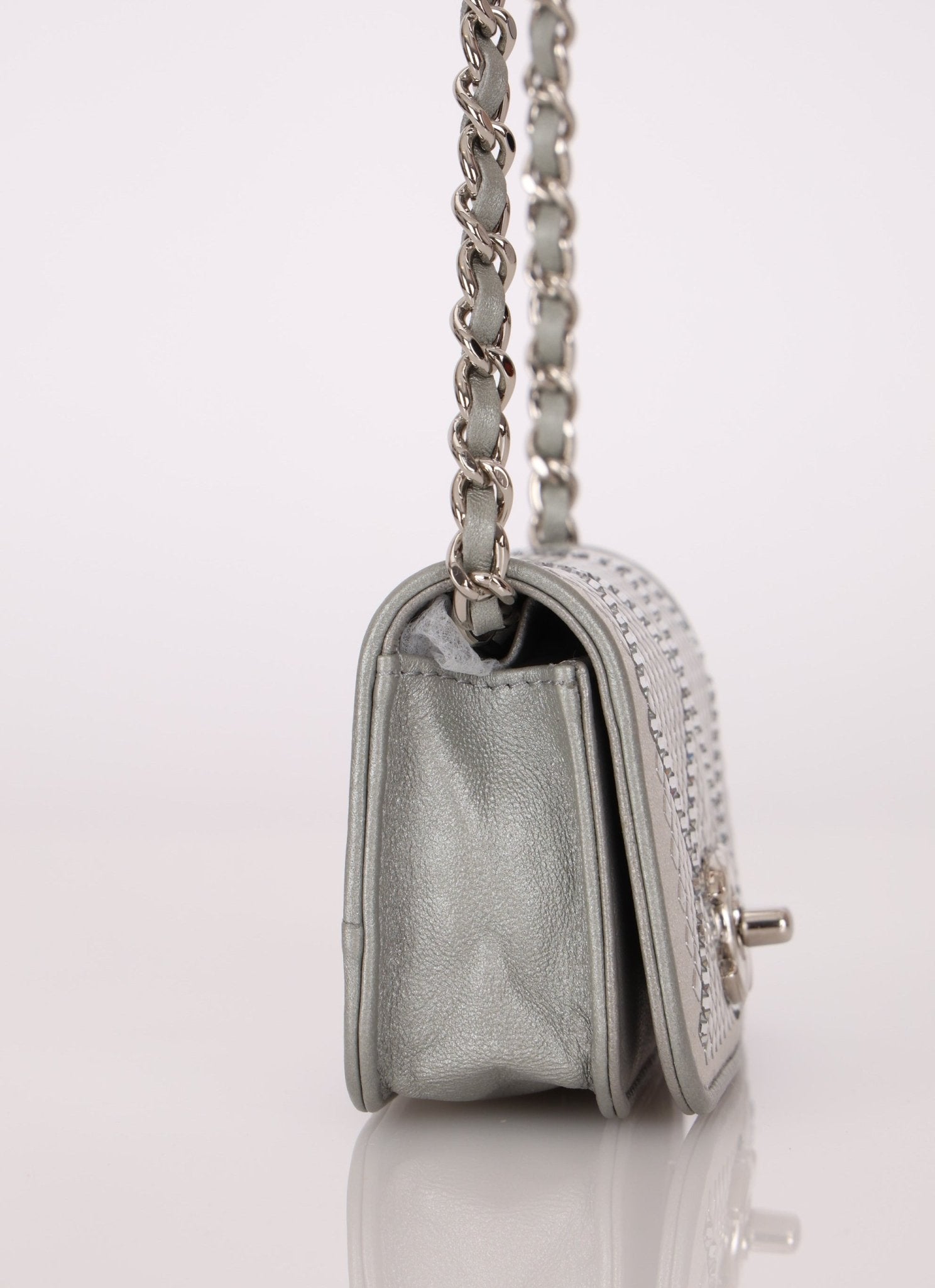 Rare Chanel 2022 Satin Silver Studded & Crystal Belt Bag - FashioNica
