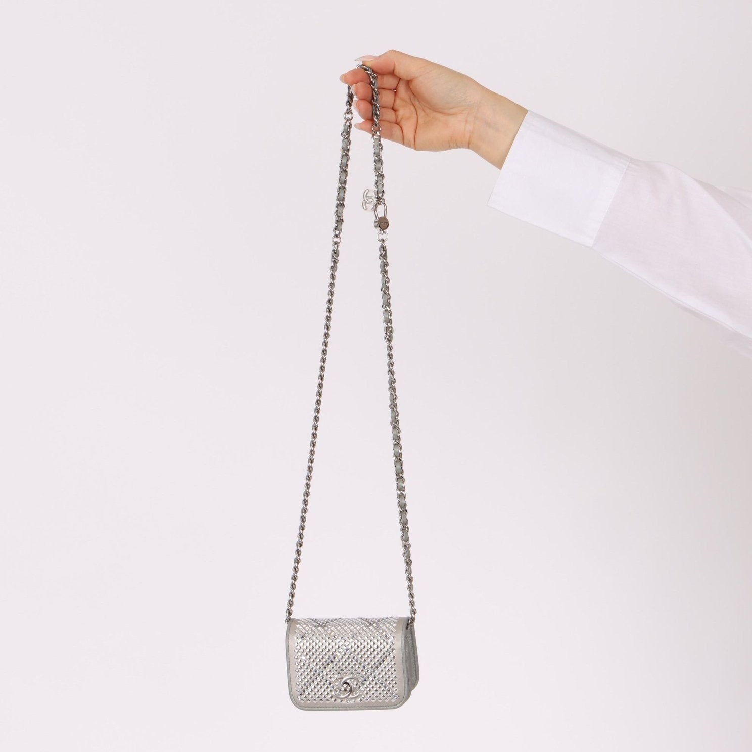 Rare Chanel 2022 Satin Silver Studded & Crystal Belt Bag - FashioNica