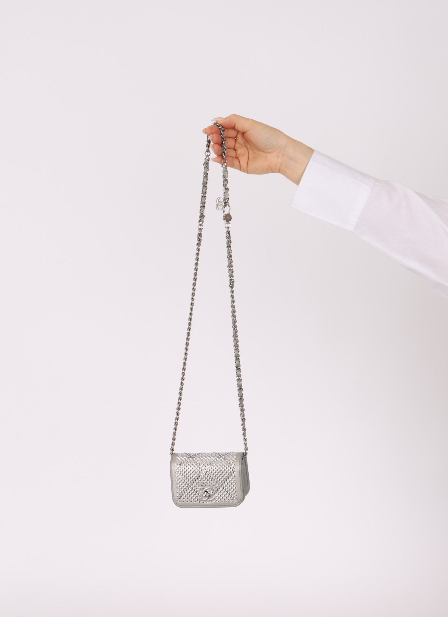 Rare Chanel 2022 Satin Silver Studded & Crystal Belt Bag - FashioNica