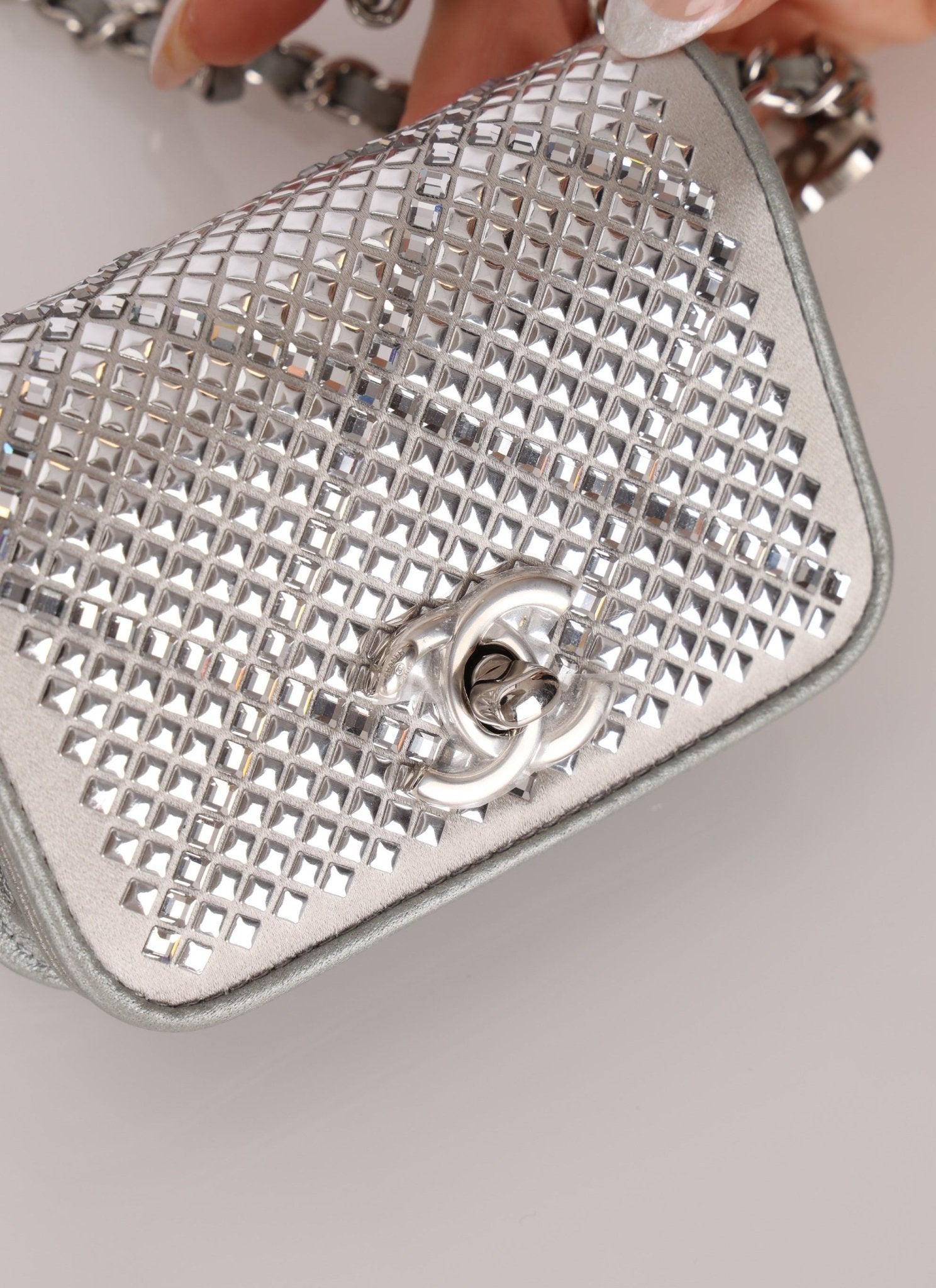 Rare Chanel 2022 Satin Silver Studded & Crystal Belt Bag - FashioNica