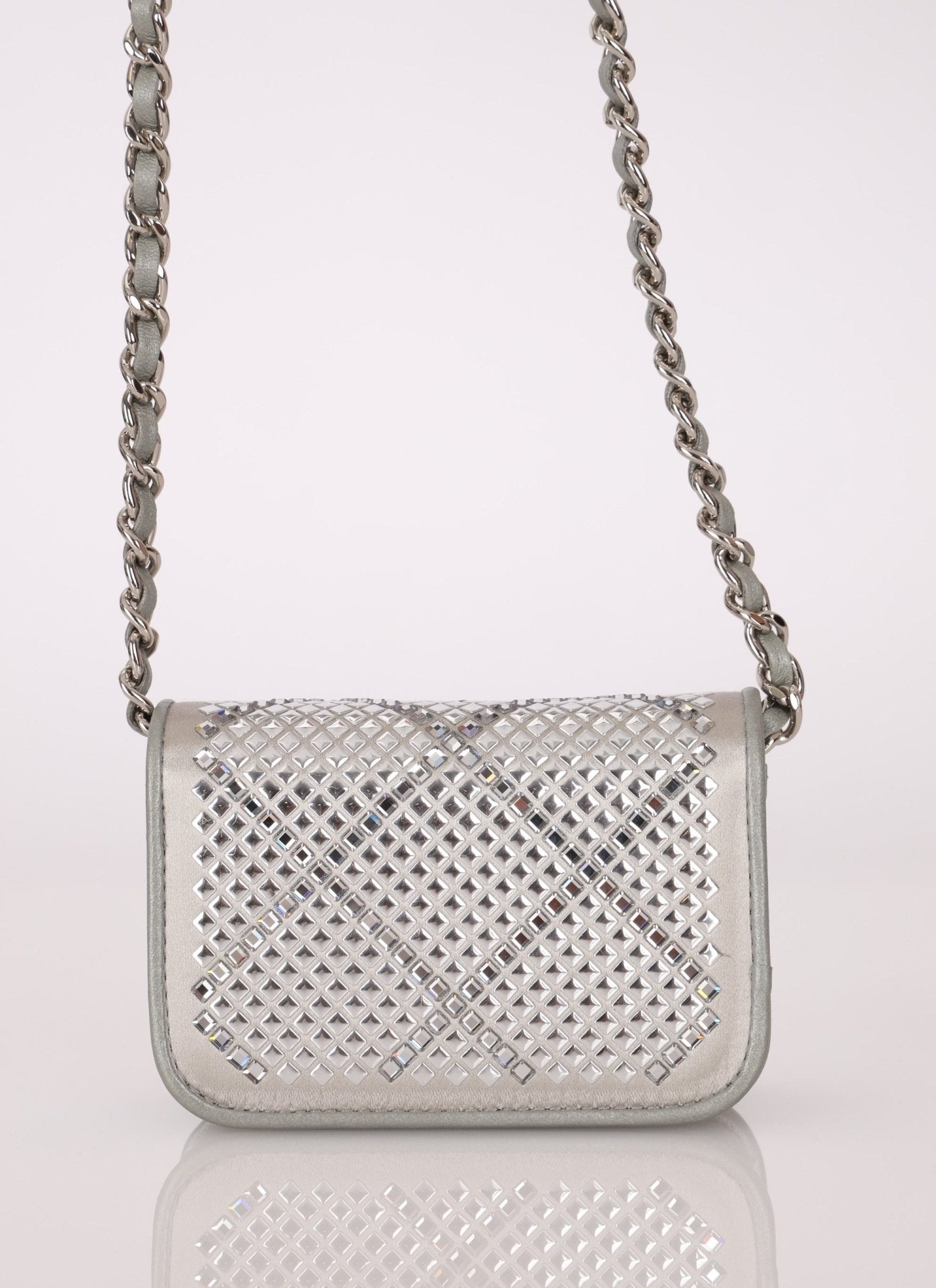 Rare Chanel 2022 Satin Silver Studded & Crystal Belt Bag - FashioNica