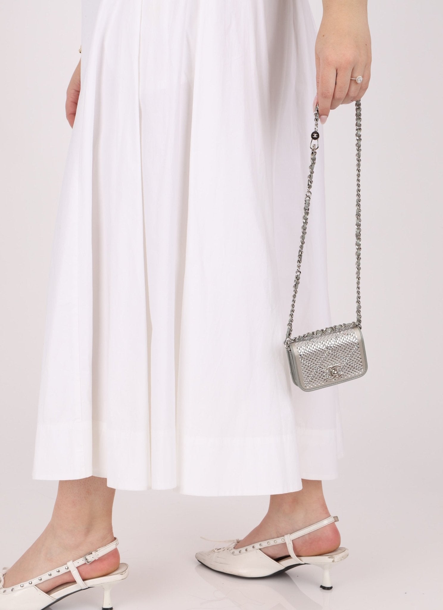 Rare Chanel 2022 Satin Silver Studded & Crystal Belt Bag - FashioNica