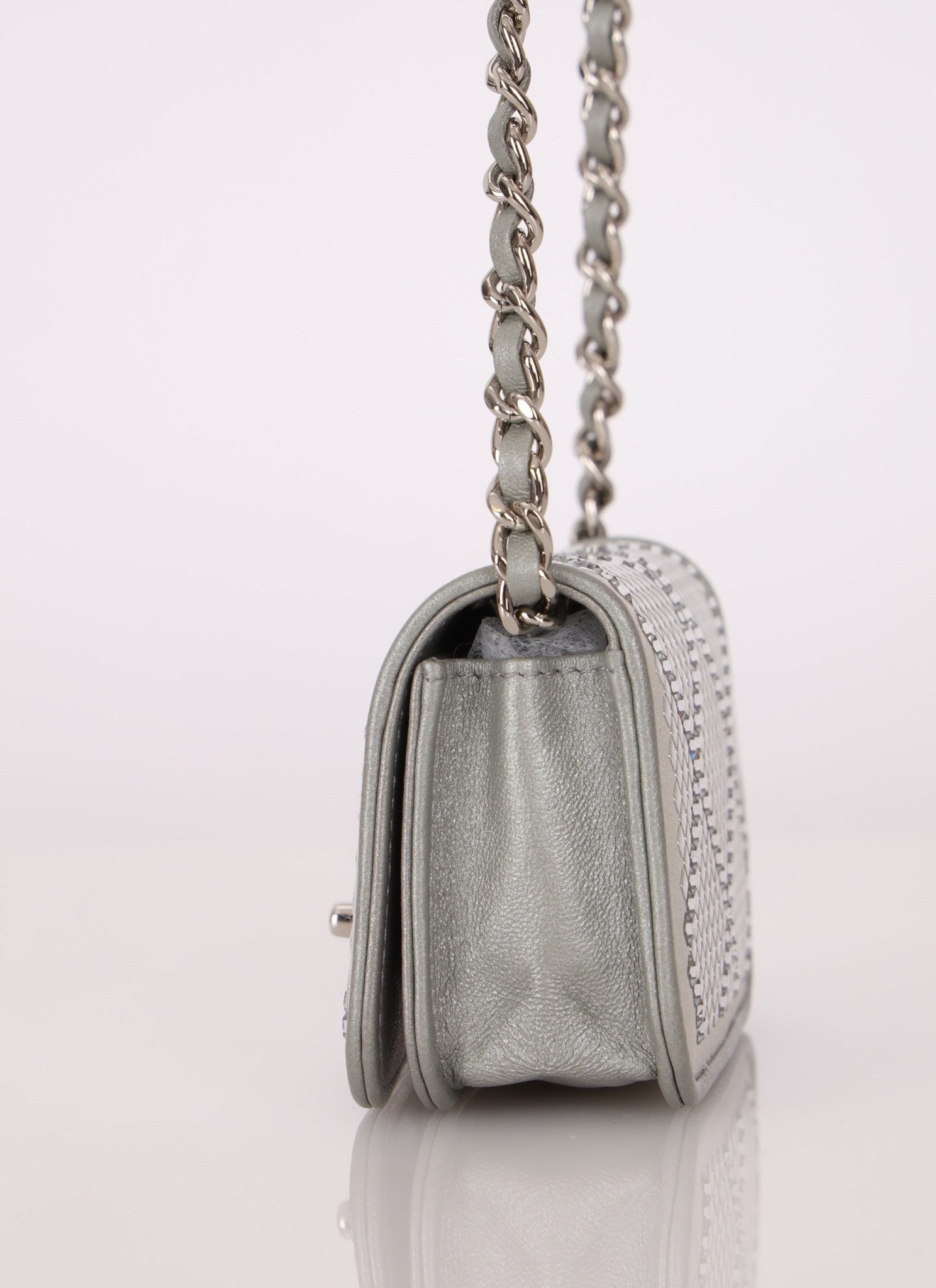 Rare Chanel 2022 Satin Silver Studded & Crystal Belt Bag - FashioNica