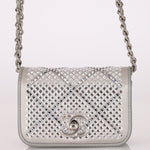Rare Chanel 2022 Satin Silver Studded & Crystal Belt Bag - FashioNica