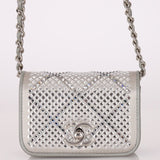 Rare Chanel 2022 Satin Silver Studded & Crystal Belt Bag - FashioNica