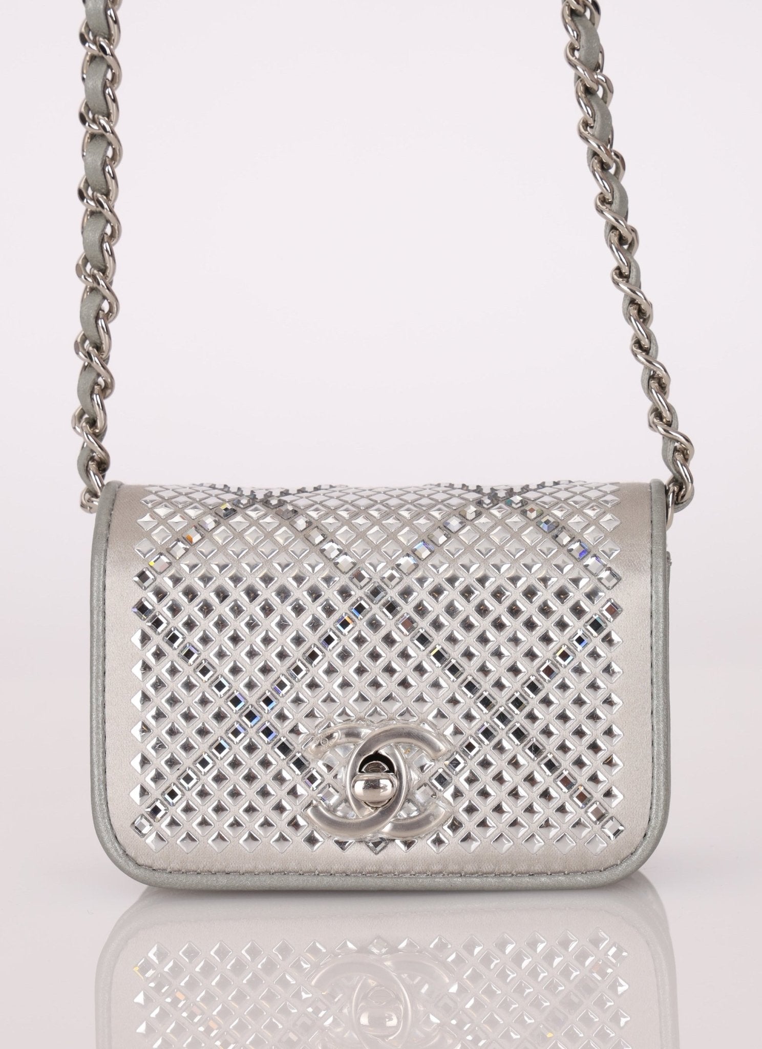 Rare Chanel 2022 Satin Silver Studded & Crystal Belt Bag - FashioNica