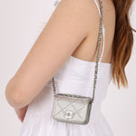 Rare Chanel 2022 Satin Silver Studded & Crystal Belt Bag - FashioNica