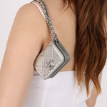 Rare Chanel 2022 Satin Silver Studded & Crystal Belt Bag - FashioNica