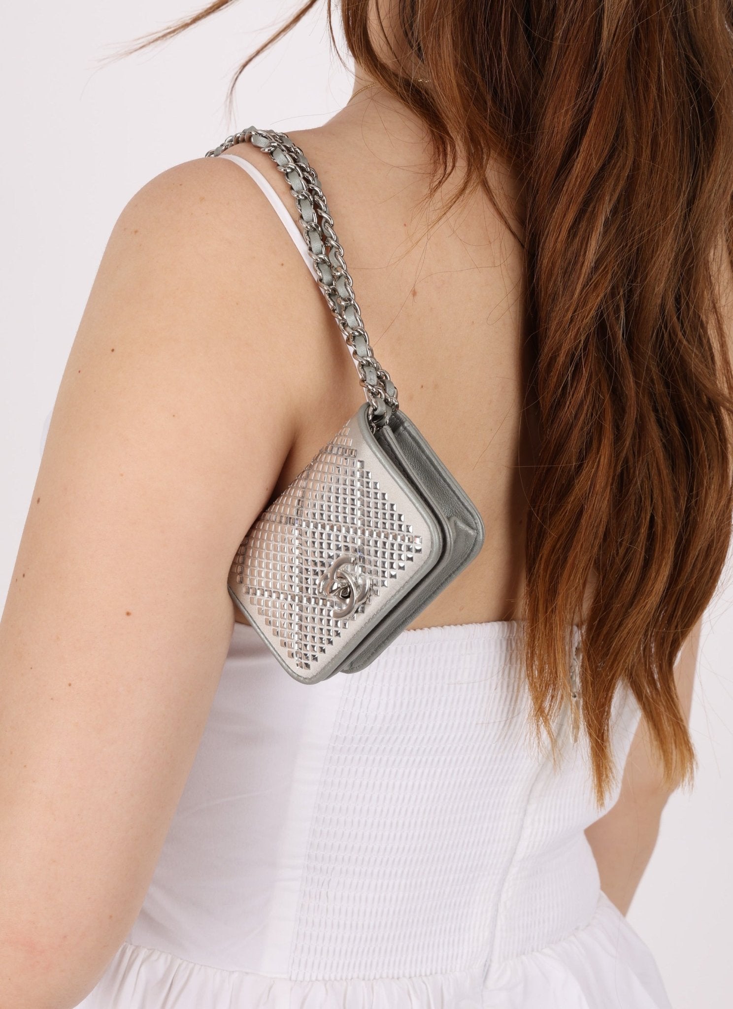 Rare Chanel 2022 Satin Silver Studded & Crystal Belt Bag - FashioNica