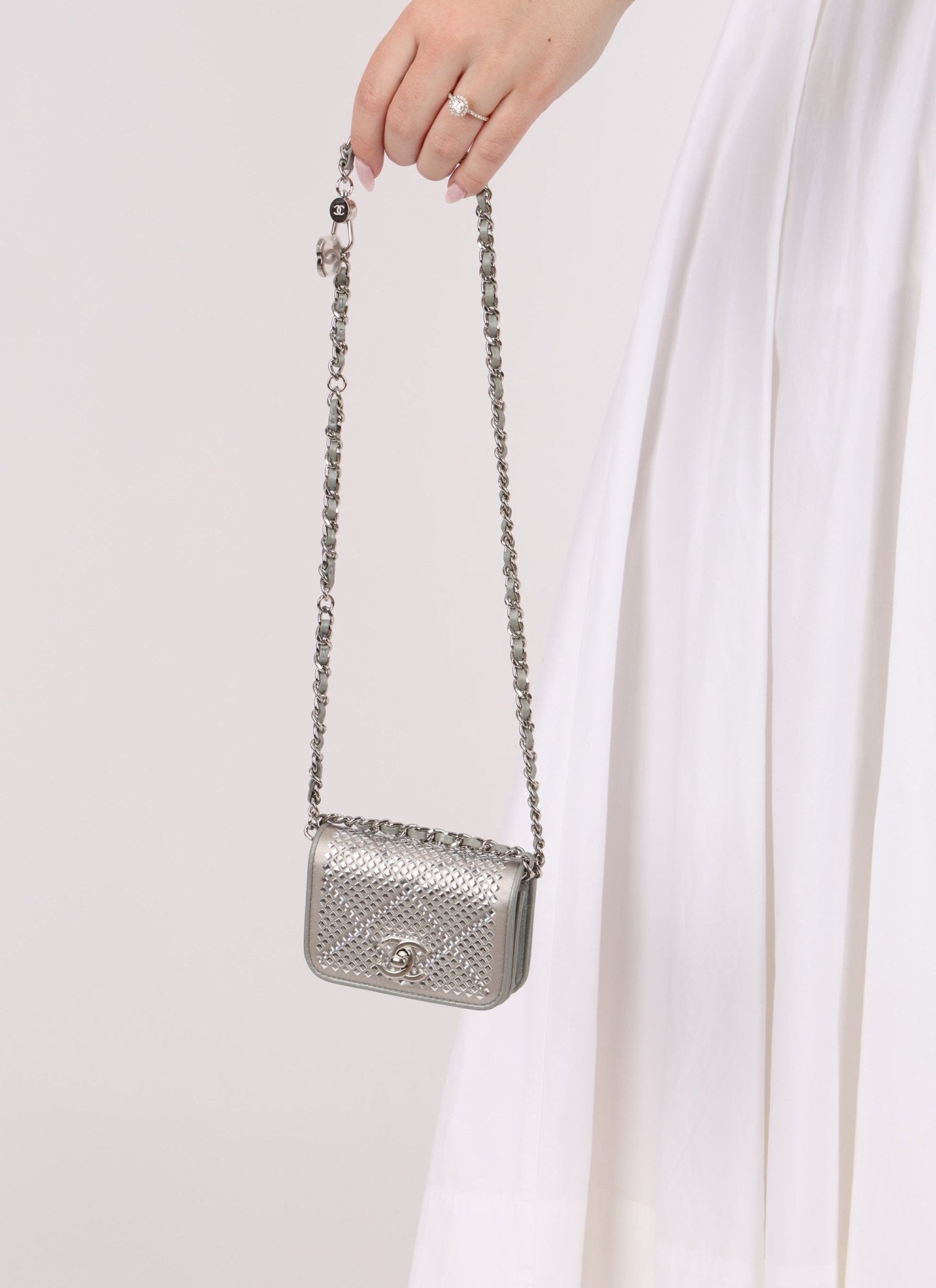 Rare Chanel 2022 Satin Silver Studded & Crystal Belt Bag - FashioNica