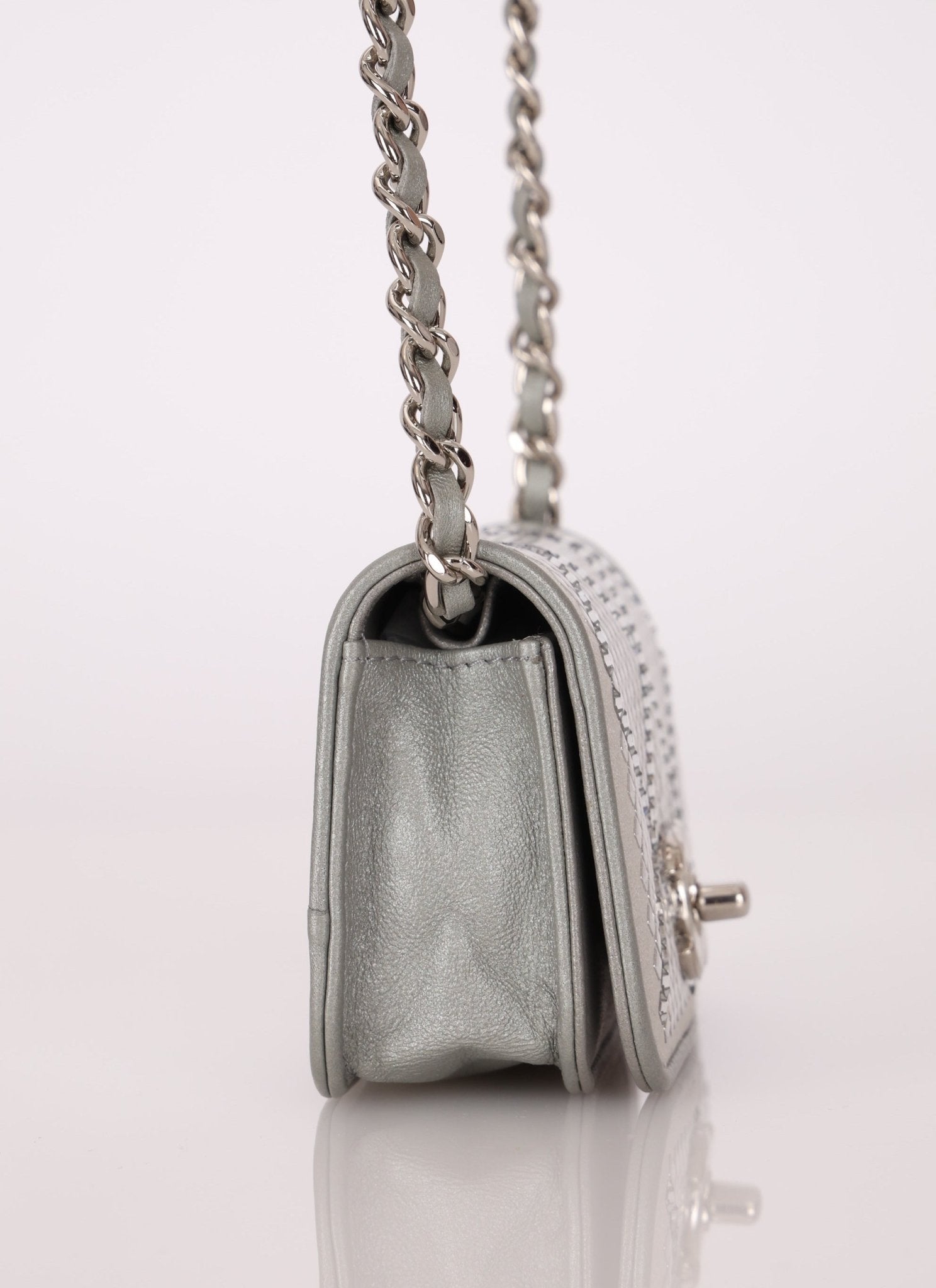 Rare Chanel 2022 Satin Silver Studded & Crystal Belt Bag - FashioNica