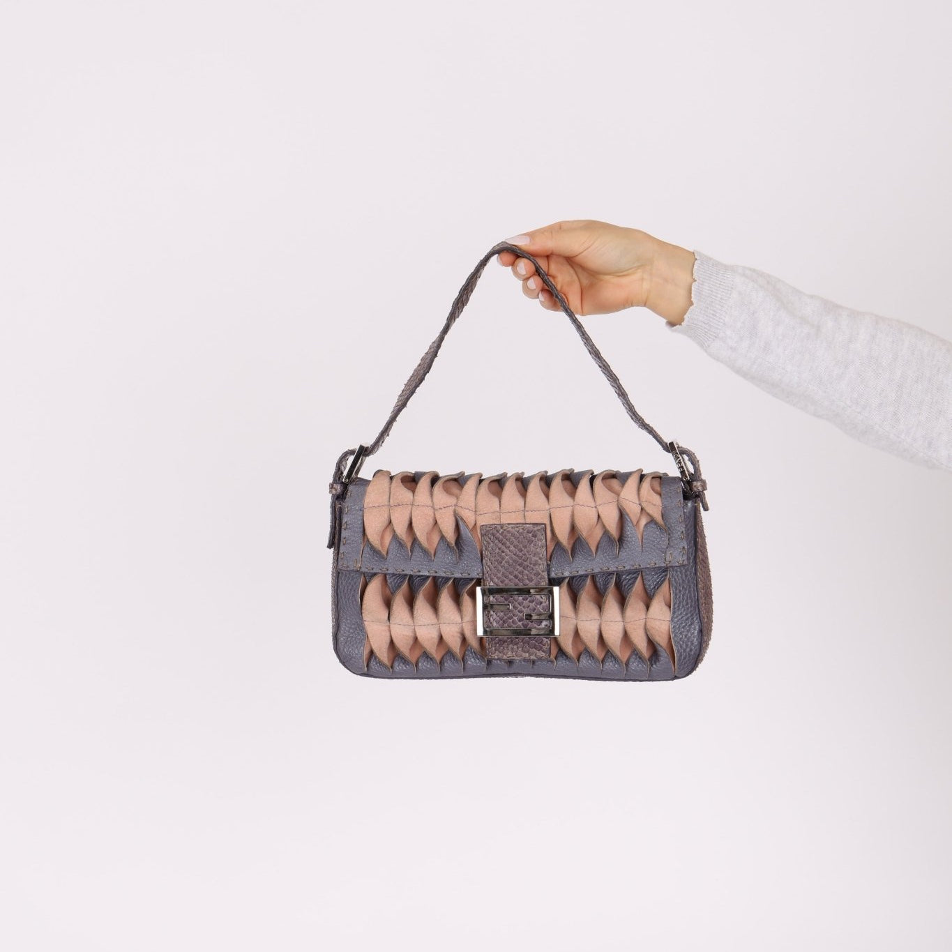 Rare Fendi 2000 Leather, Suede, & Snakeskin Pleated Selleria Baguette - FashioNica