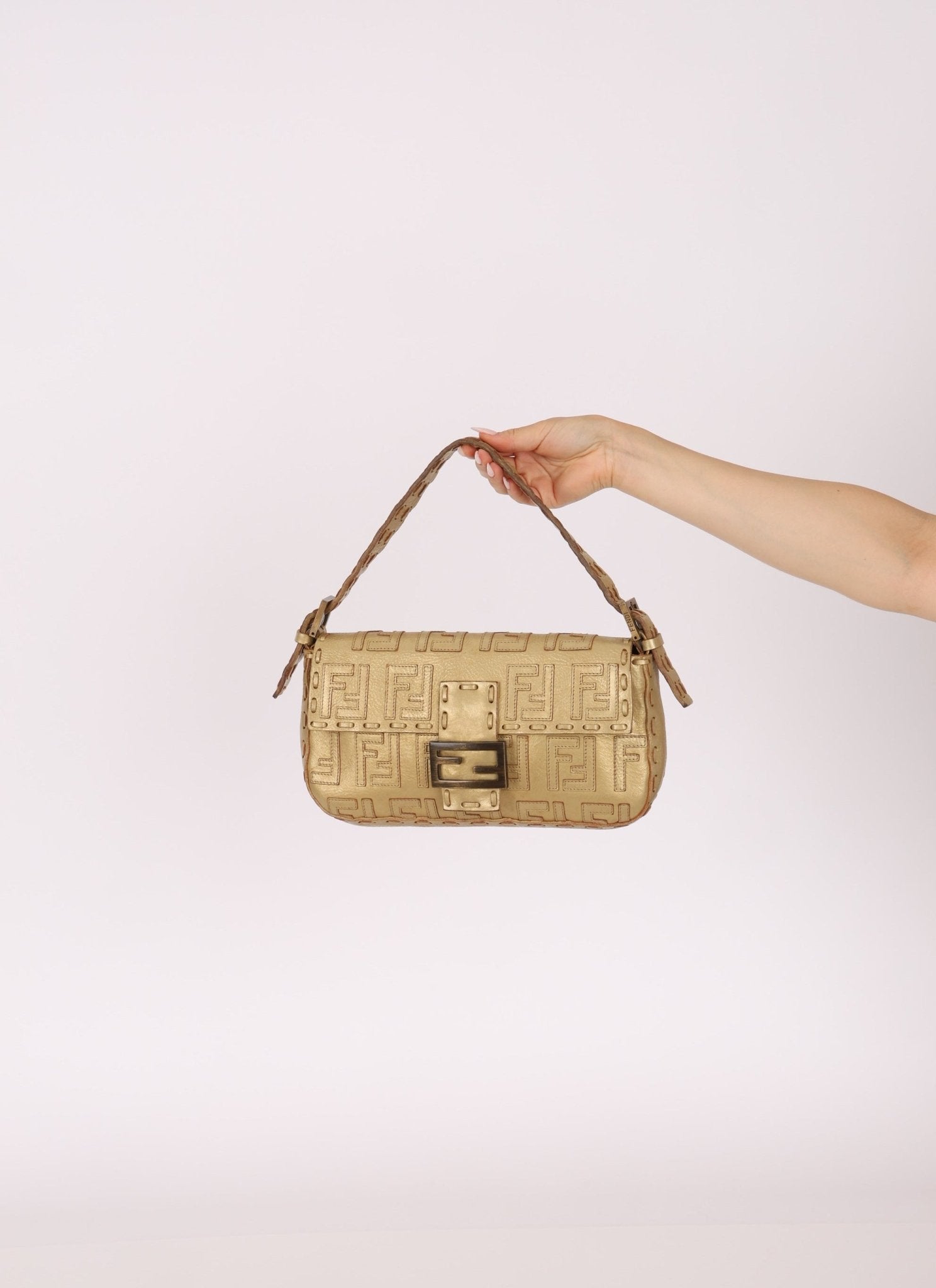 Rare Fendi Metallic Gold Embroidered Whipstitch Zucca Baguette - FashioNica