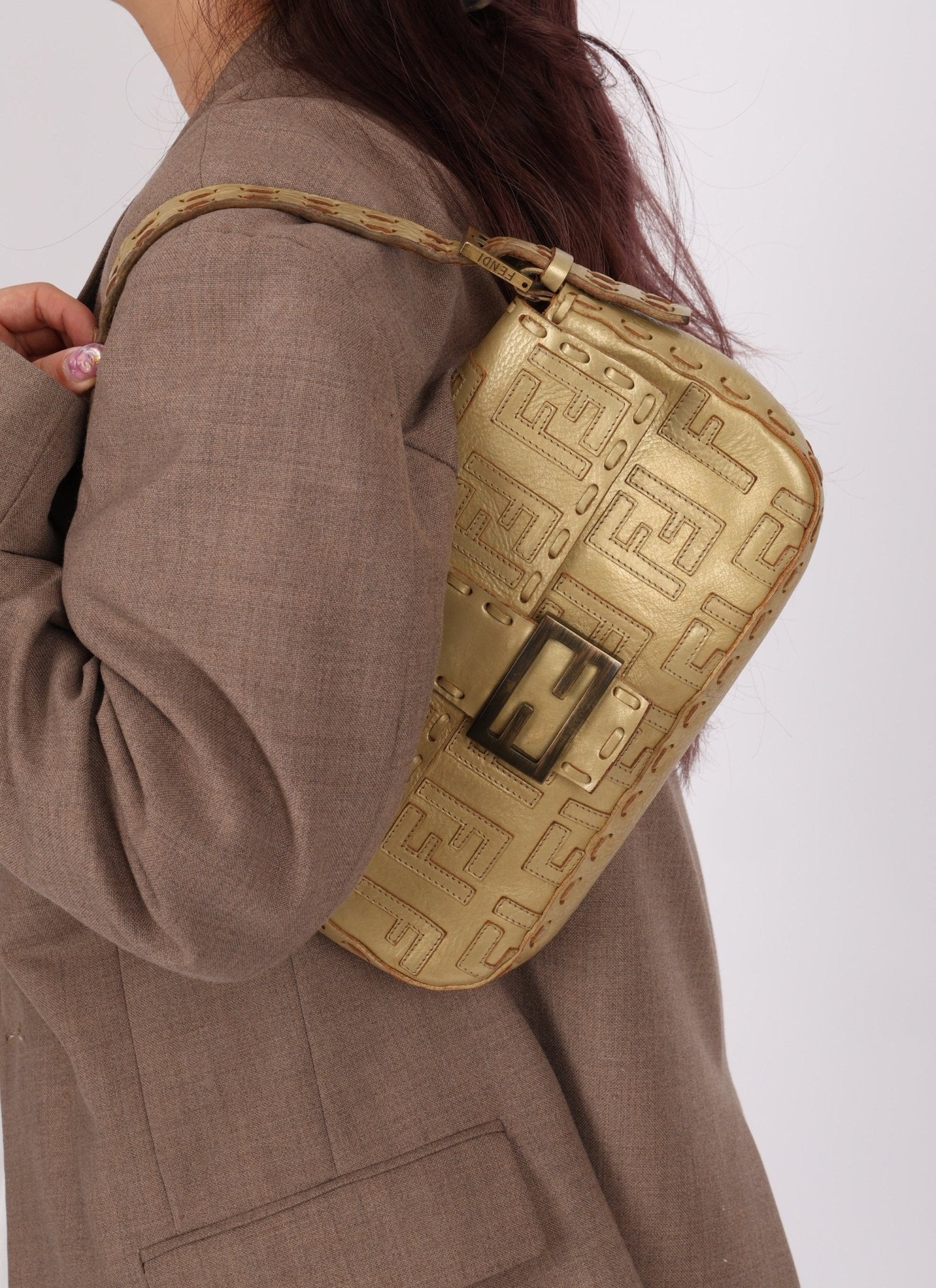 Rare Fendi Metallic Gold Embroidered Whipstitch Zucca Baguette - FashioNica