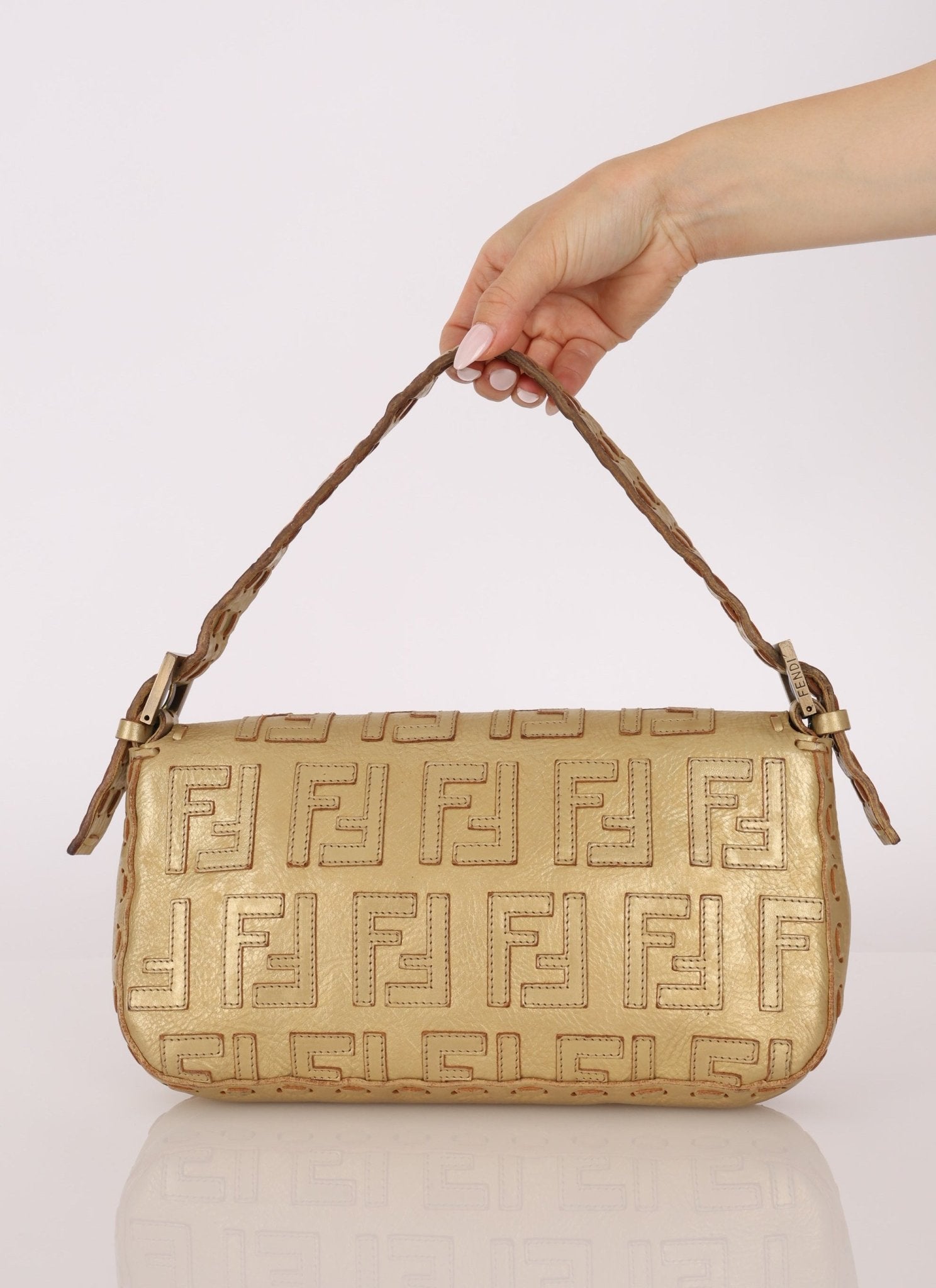 Rare Fendi Metallic Gold Embroidered Whipstitch Zucca Baguette - FashioNica
