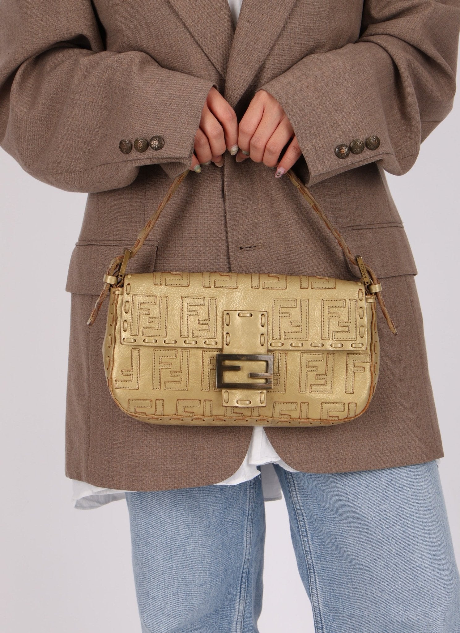 Rare Fendi Metallic Gold Embroidered Whipstitch Zucca Baguette - FashioNica