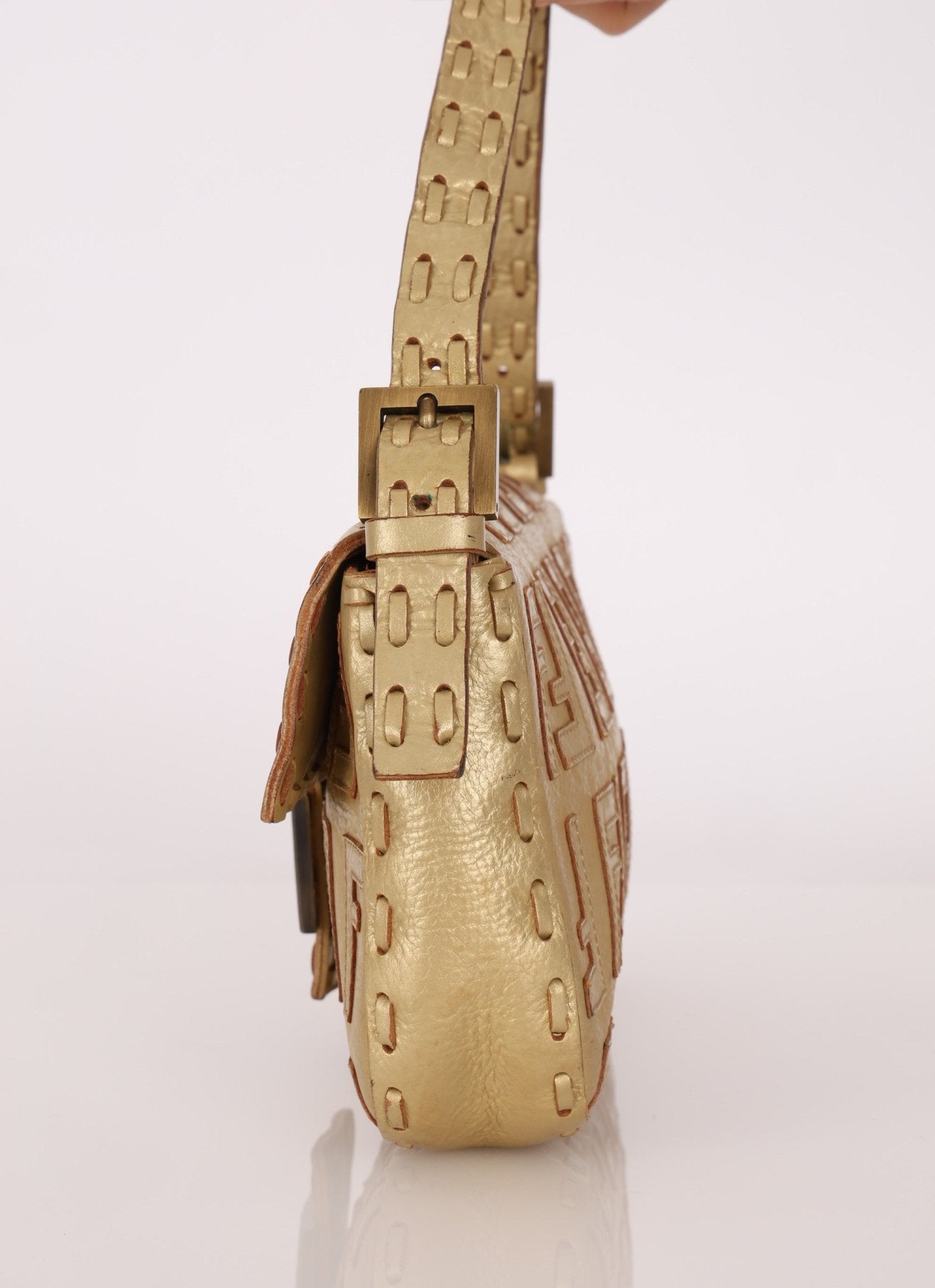 Rare Fendi Metallic Gold Embroidered Whipstitch Zucca Baguette - FashioNica