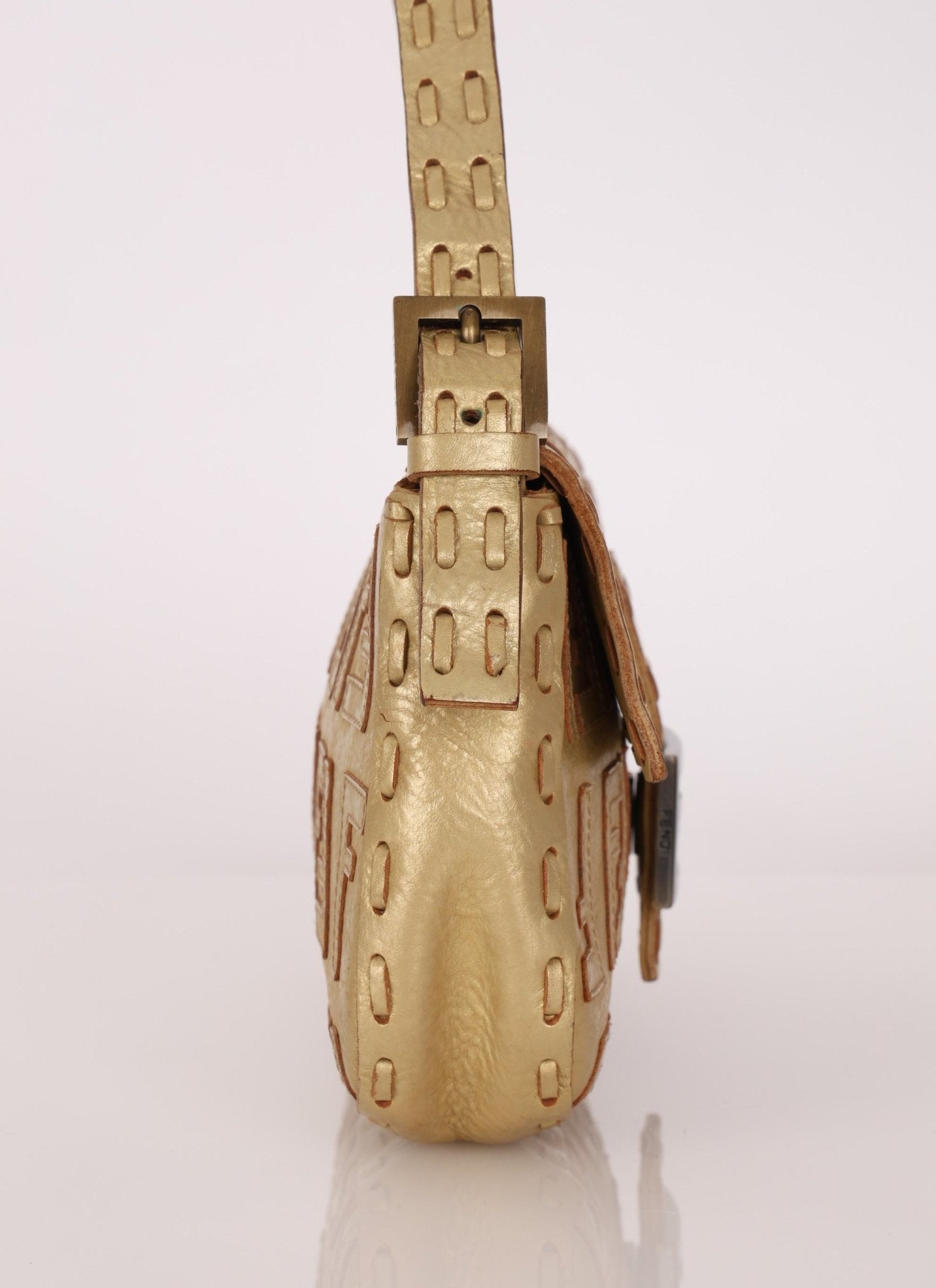 Rare Fendi Metallic Gold Embroidered Whipstitch Zucca Baguette - FashioNica