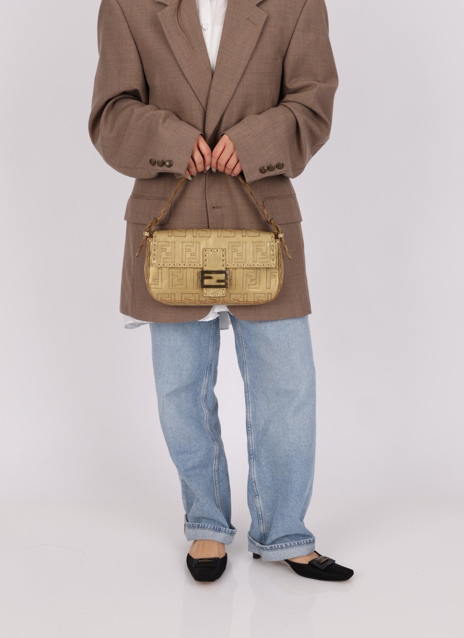 Rare Fendi Metallic Gold Embroidered Whipstitch Zucca Baguette - FashioNica