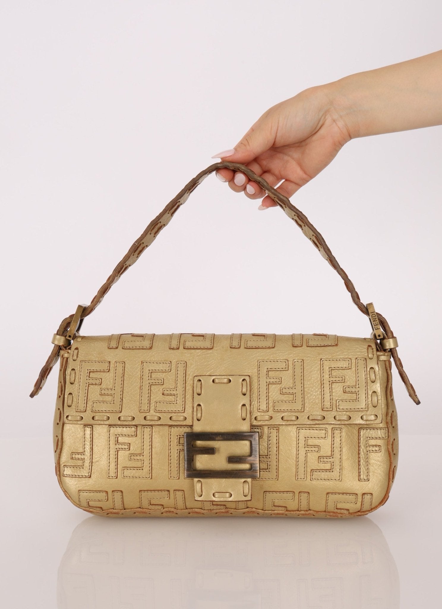 Rare Fendi Metallic Gold Embroidered Whipstitch Zucca Baguette - FashioNica