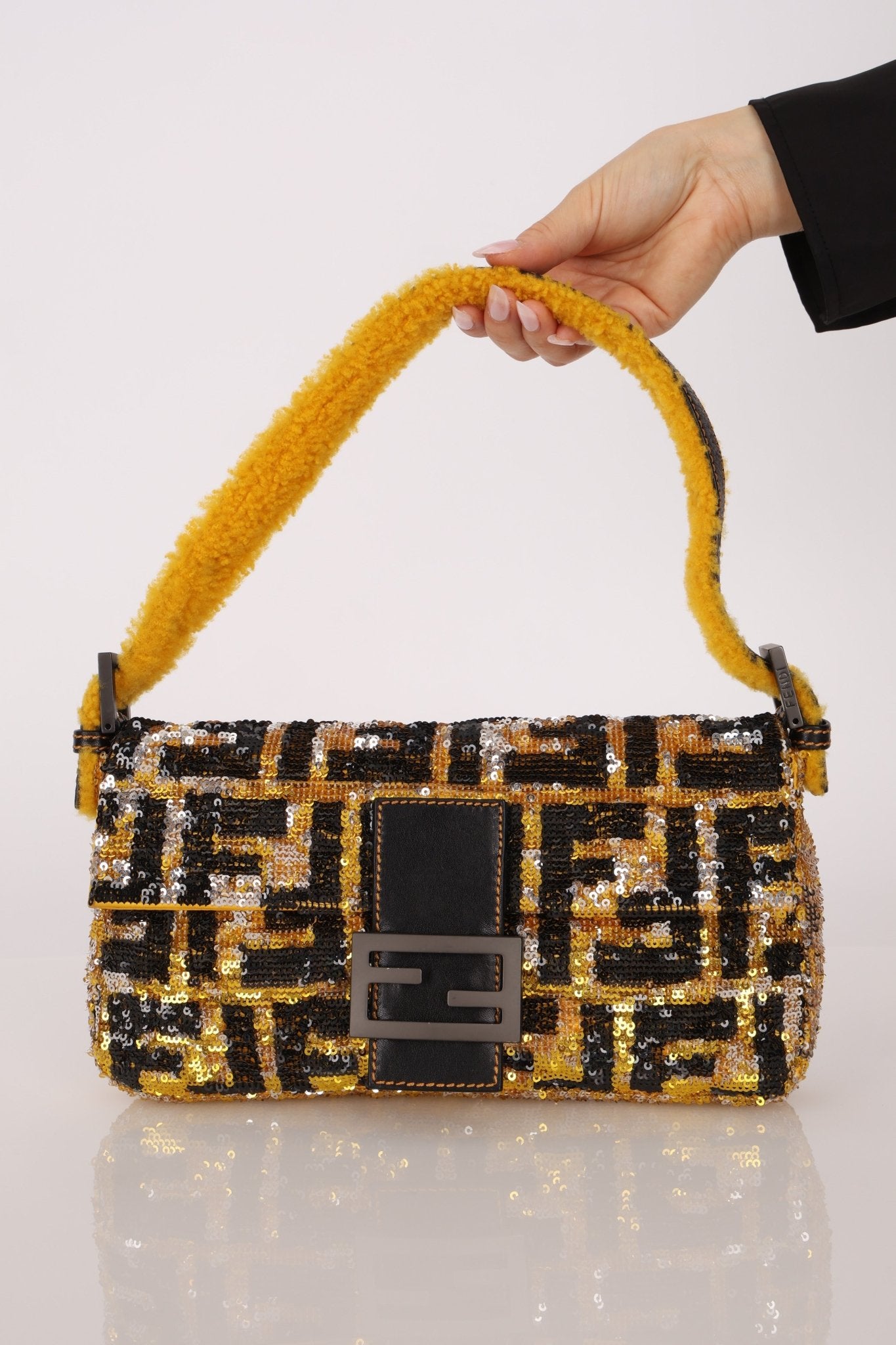 Rare Fendi Sequin Zucca Shearling Baguette - FashioNica