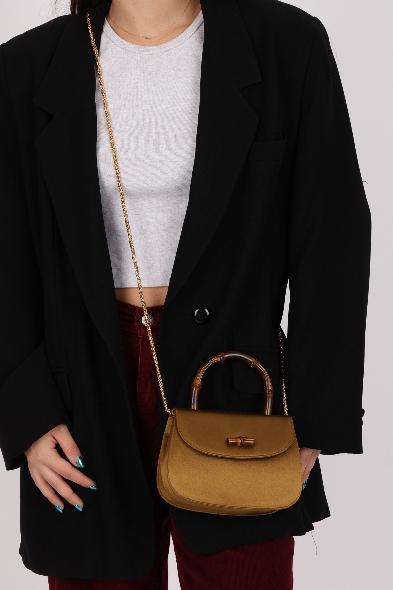Rare Gucci 1947 Bamboo Mini Night Olive Satin Handle Bag - FashioNica
