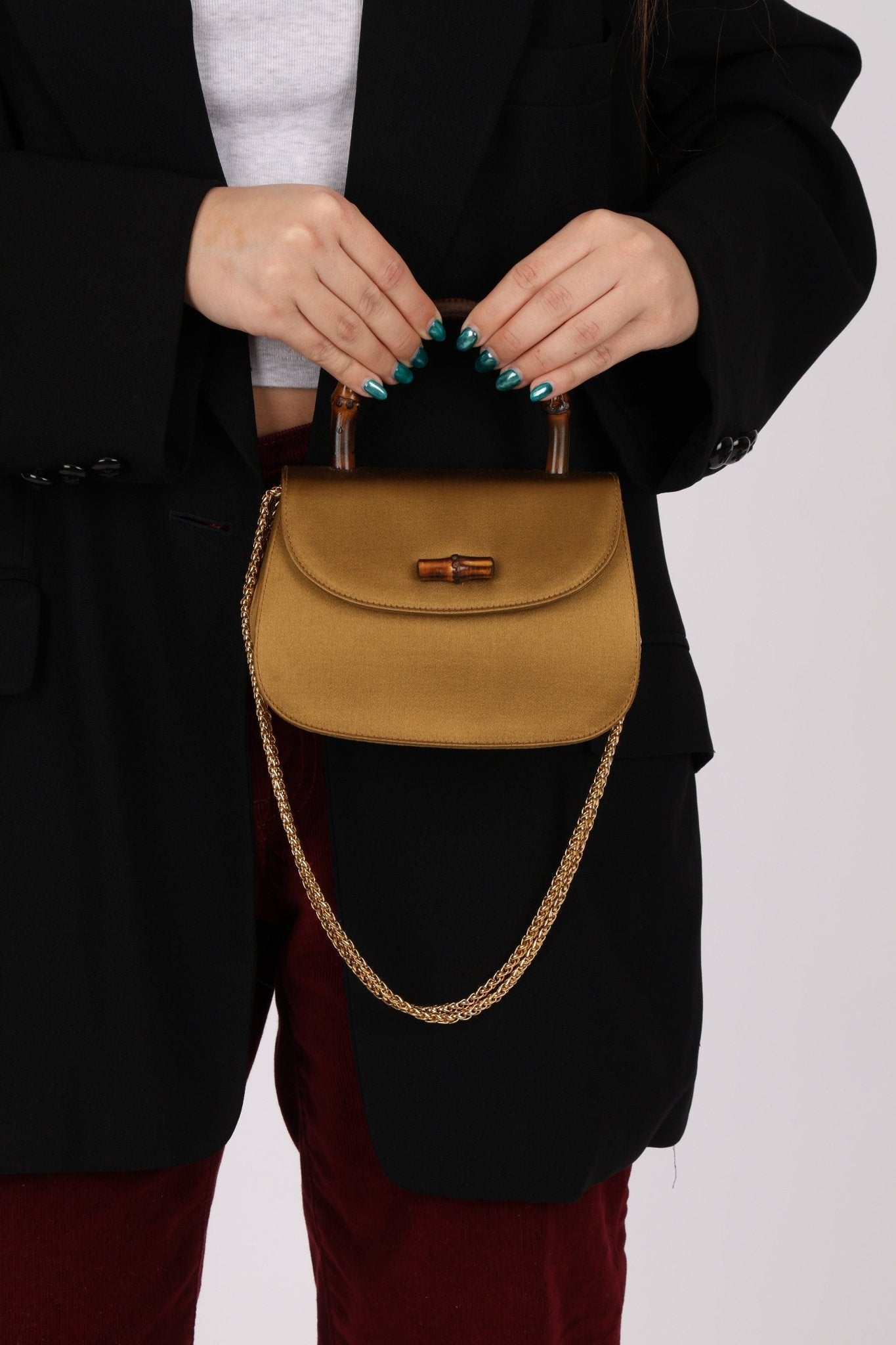 Rare Gucci 1947 Bamboo Mini Night Olive Satin Handle Bag - FashioNica