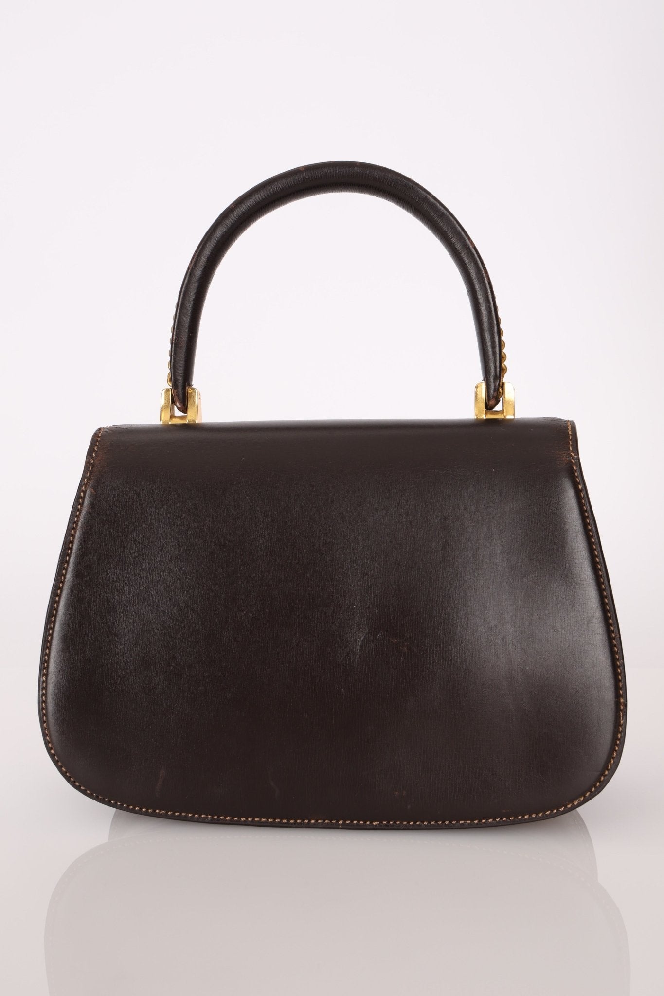 Rare Gucci 1970s Chocolate Chain Accent Box Calf Turnlock Handle Bag - FashioNica