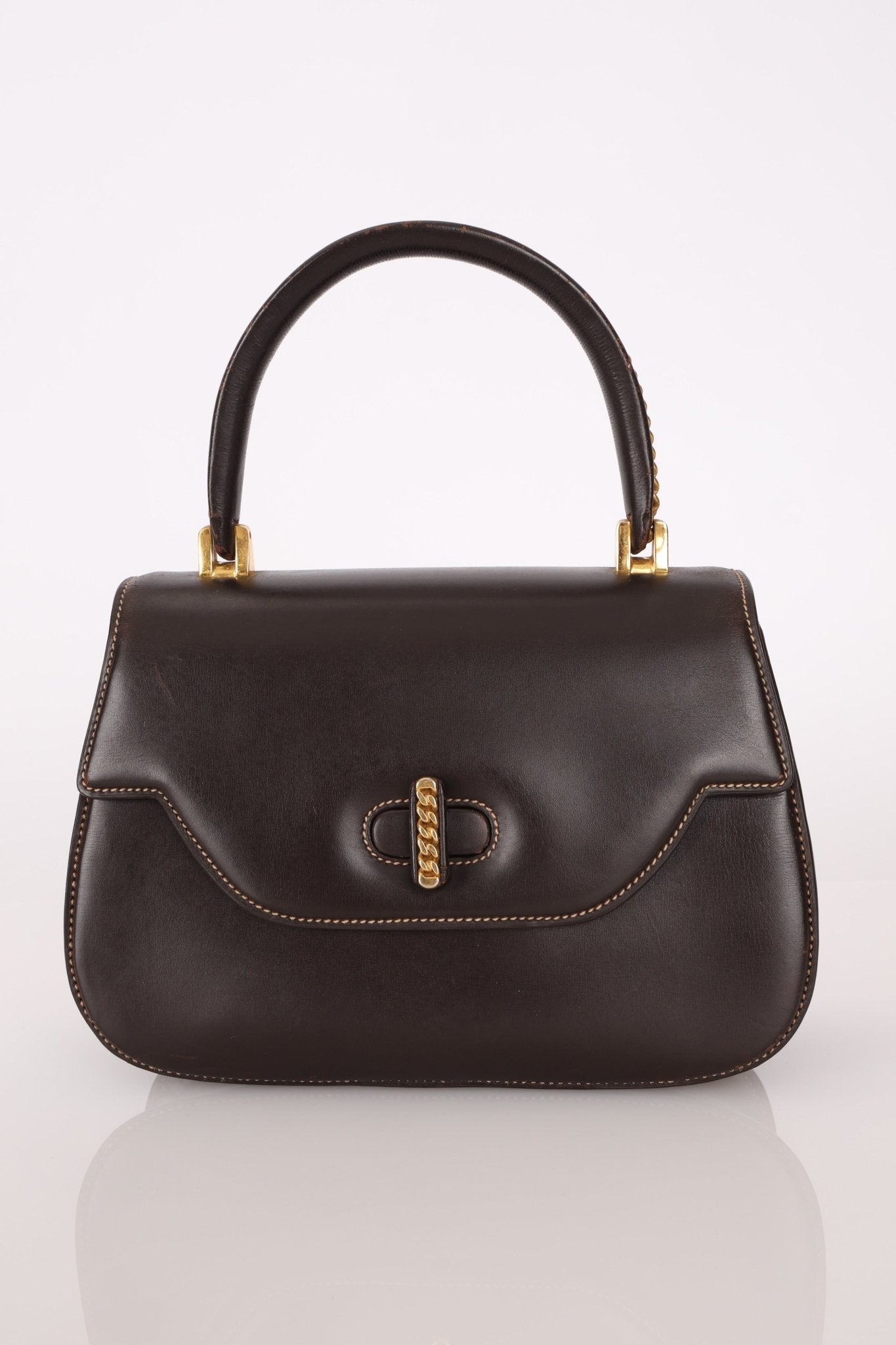 Rare Gucci 1970s Chocolate Chain Accent Box Calf Turnlock Handle Bag - FashioNica