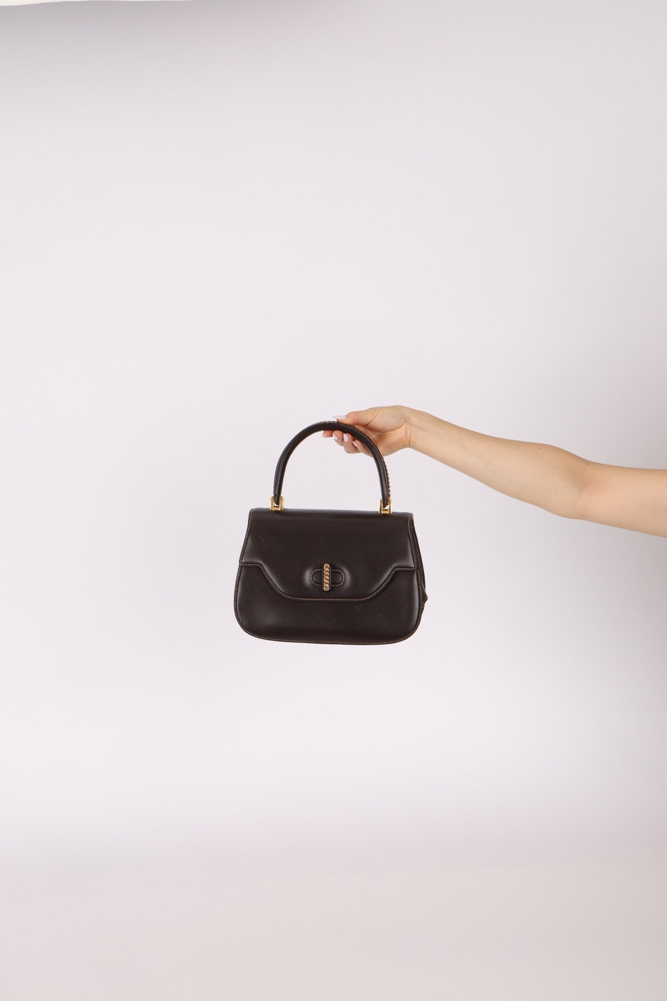 Rare Gucci 1970s Chocolate Chain Accent Box Calf Turnlock Handle Bag - FashioNica