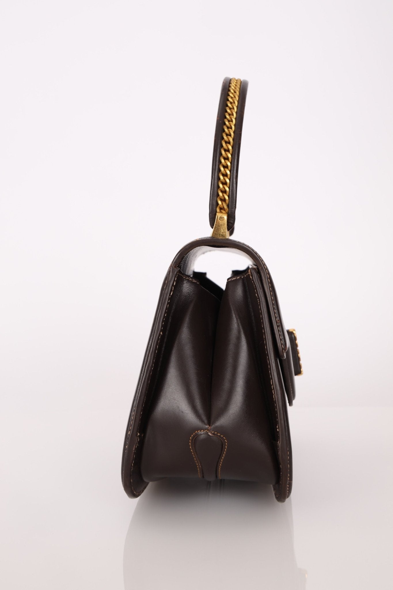 Rare Gucci 1970s Chocolate Chain Accent Box Calf Turnlock Handle Bag - FashioNica