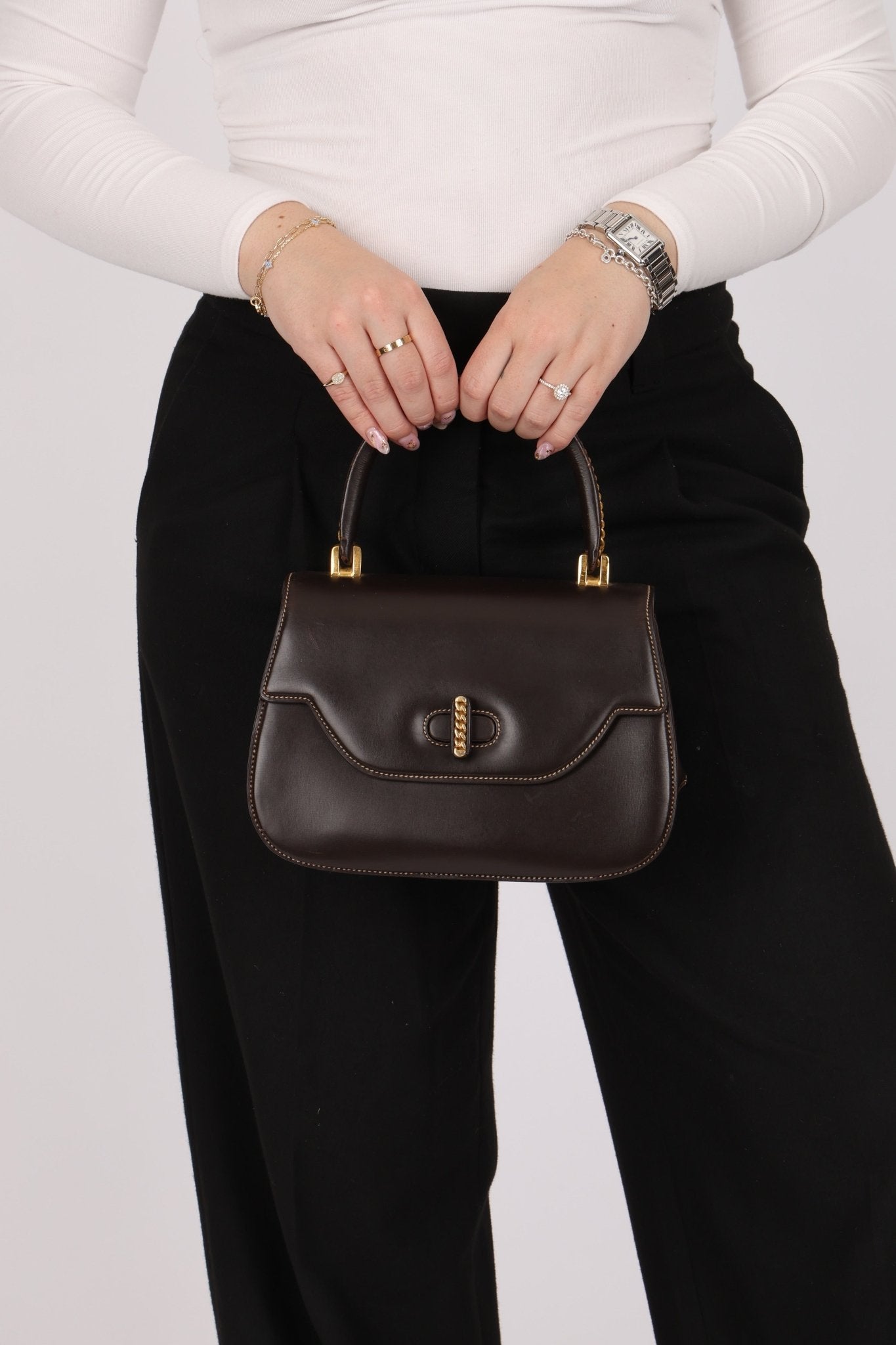 Rare Gucci 1970s Chocolate Chain Accent Box Calf Turnlock Handle Bag - FashioNica