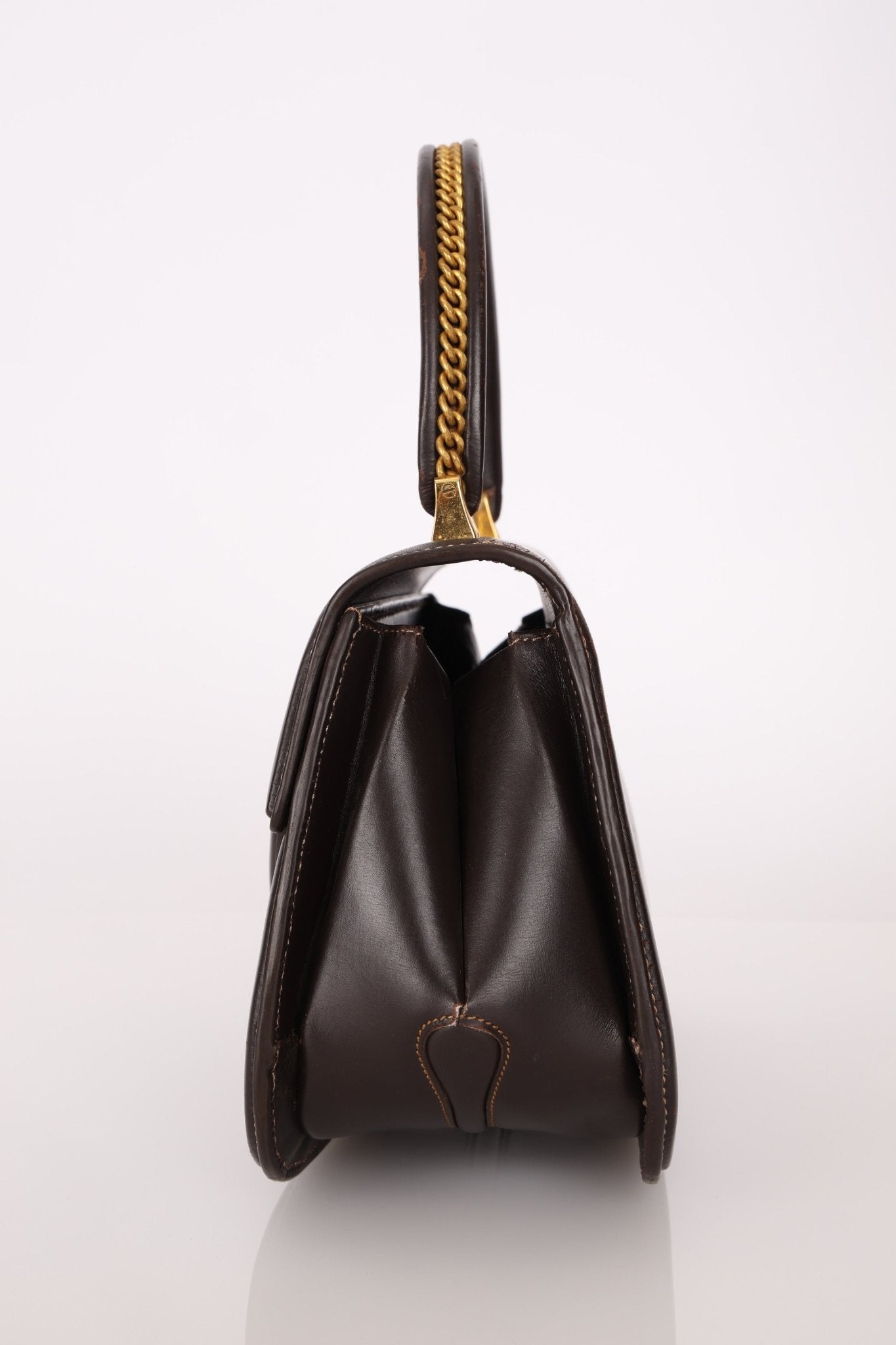 Rare Gucci 1970s Chocolate Chain Accent Box Calf Turnlock Handle Bag - FashioNica